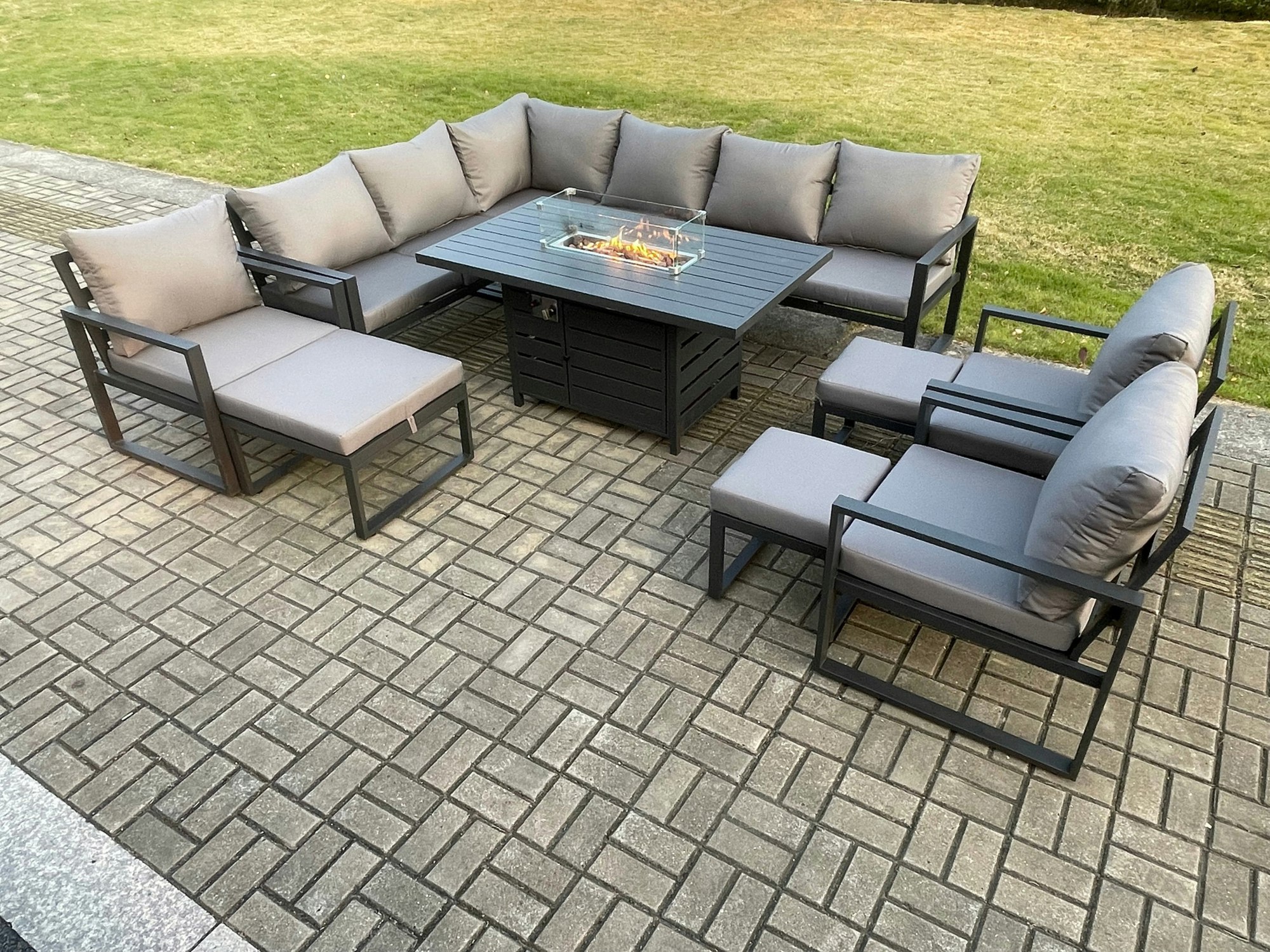 Rackhams Dark/Grey Aluminium 11 Pieces Garden Furniture Corner Sofa Set With Cushions Gas Fire Pit Dining Table Set With 3 Chairs 3 Footstools
