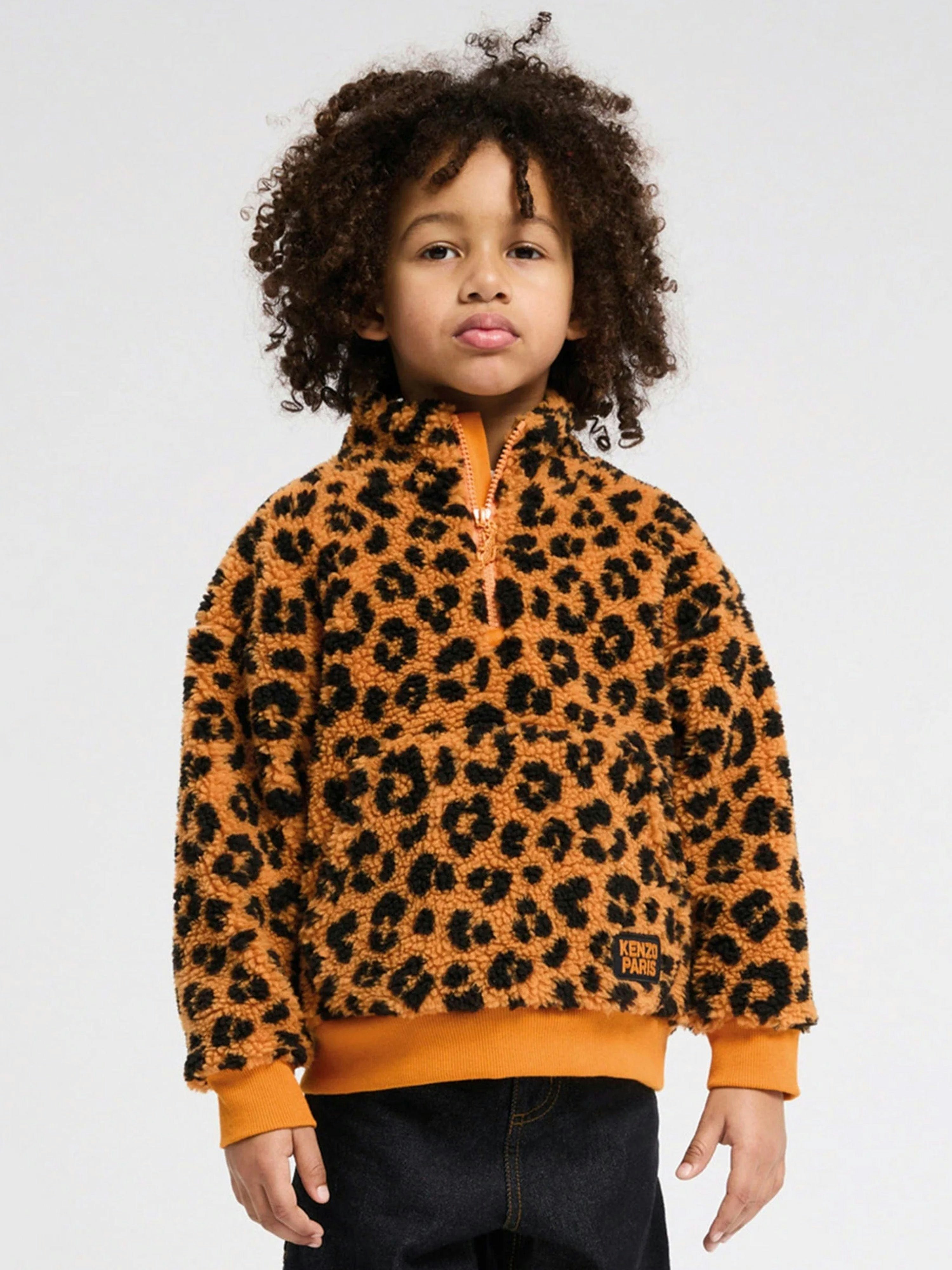 Kenzo Kids Boys Orange Leopard Half Zip Sweatshirt In - 12 Yrs