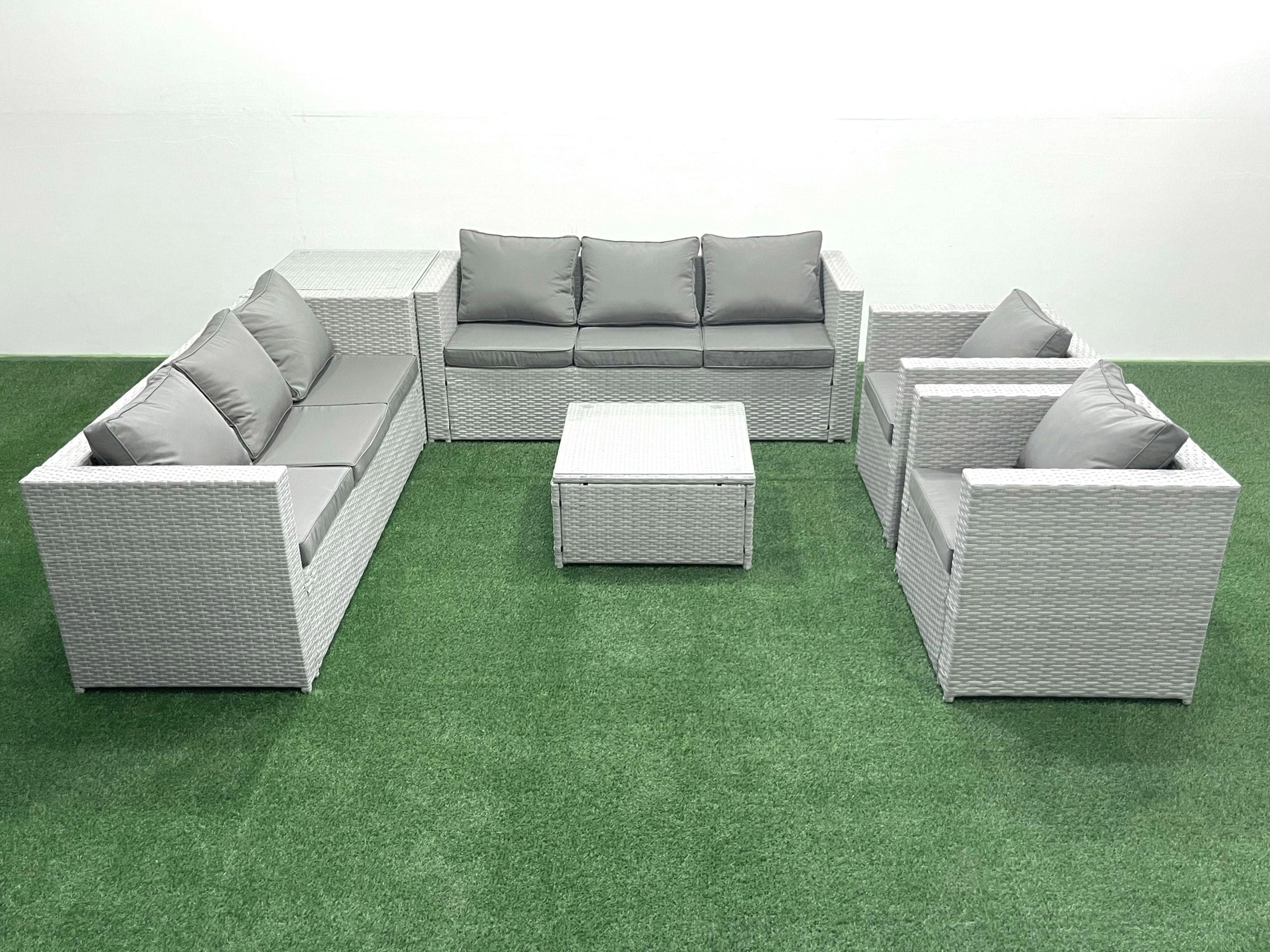 Rackhams Light/Grey Outdoor Rattan Sofa Garden Furniture Set With 2 Armchairs Square Coffee Table Side Table Mixed
