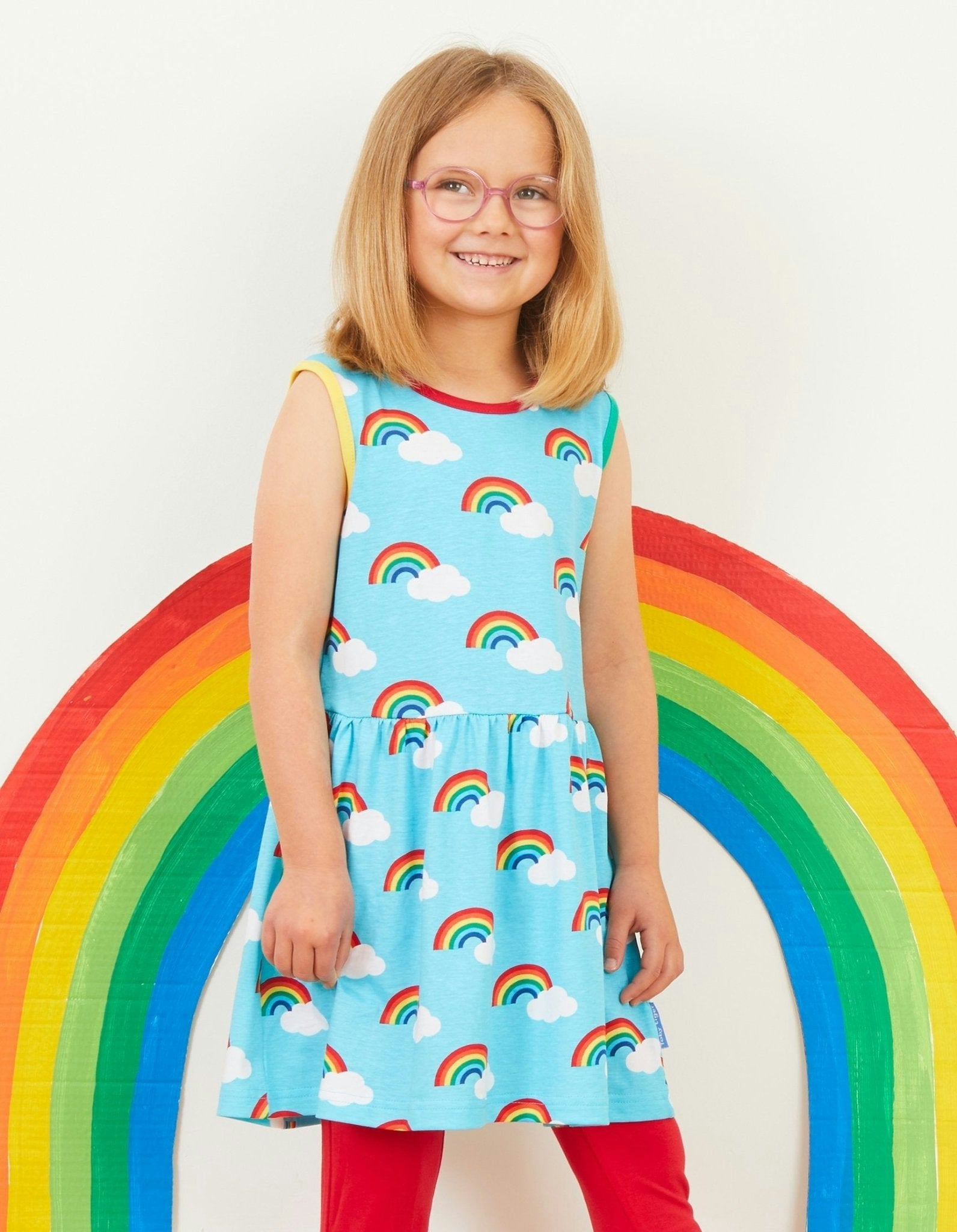 Toby Tiger Turquoise Organic Rainbow Print Summer Dress - 18-24M / 92Cm