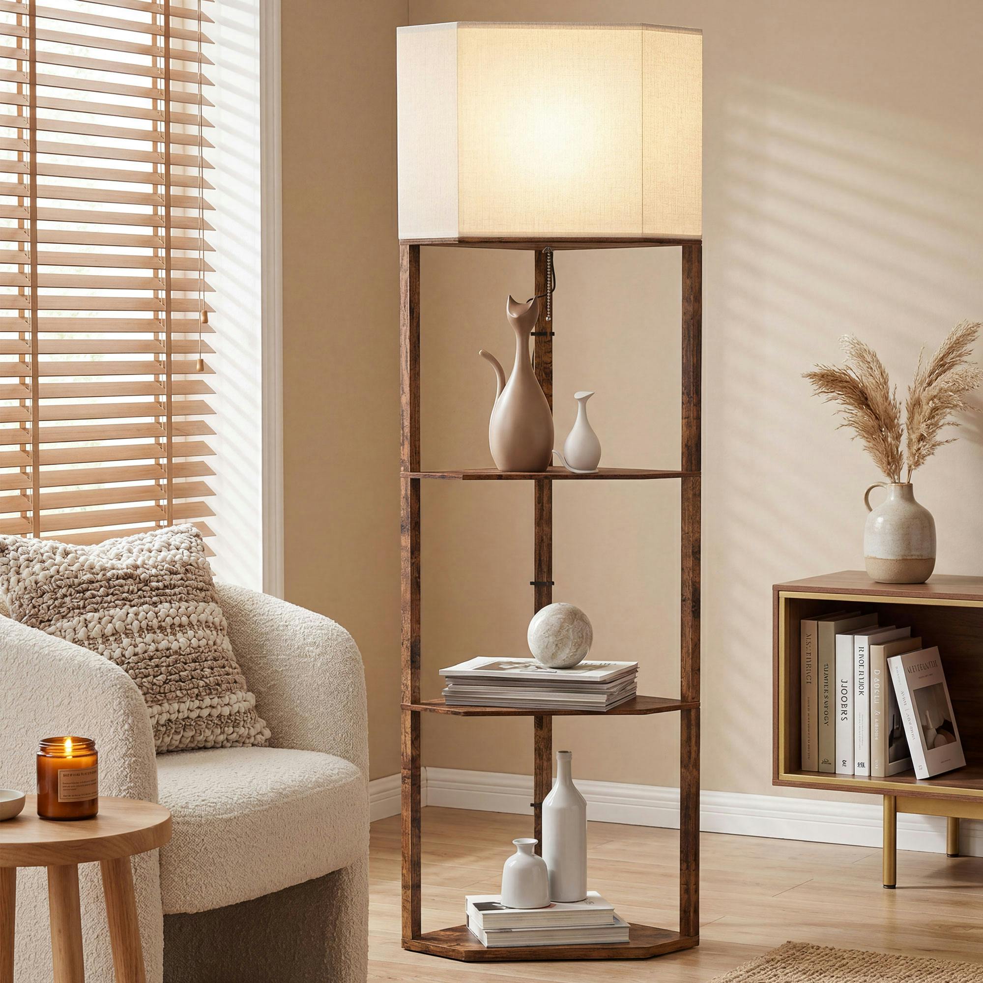 Rackhams Brown Corner Modern Floor Lamp With Shelves For Living Room, Rustic - Bulb Not Included - Mdf, Linen (Polyester) - Floor Lamp