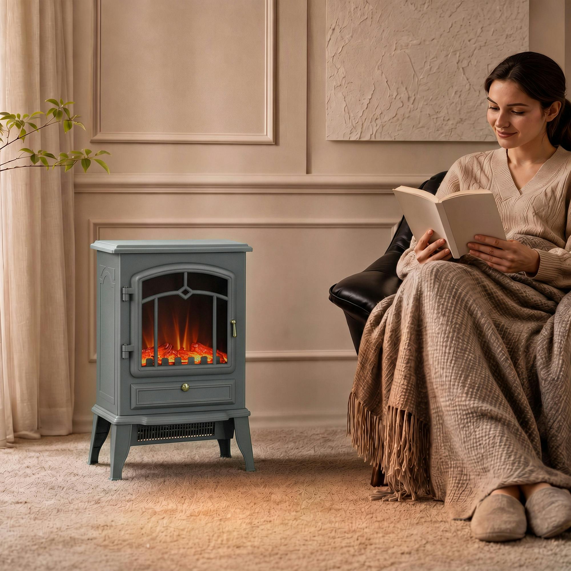 Homcom Grey Fireplace Stove, Freestanding Electric Fire, 1000W/2000W,