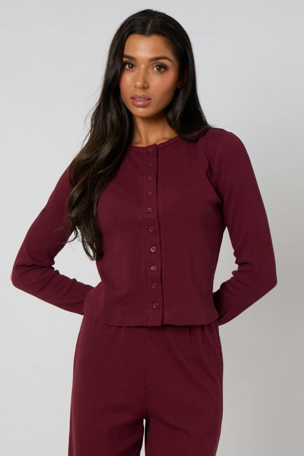 Urban Bliss Burgundy Long Sleeved Button Front Top - 14