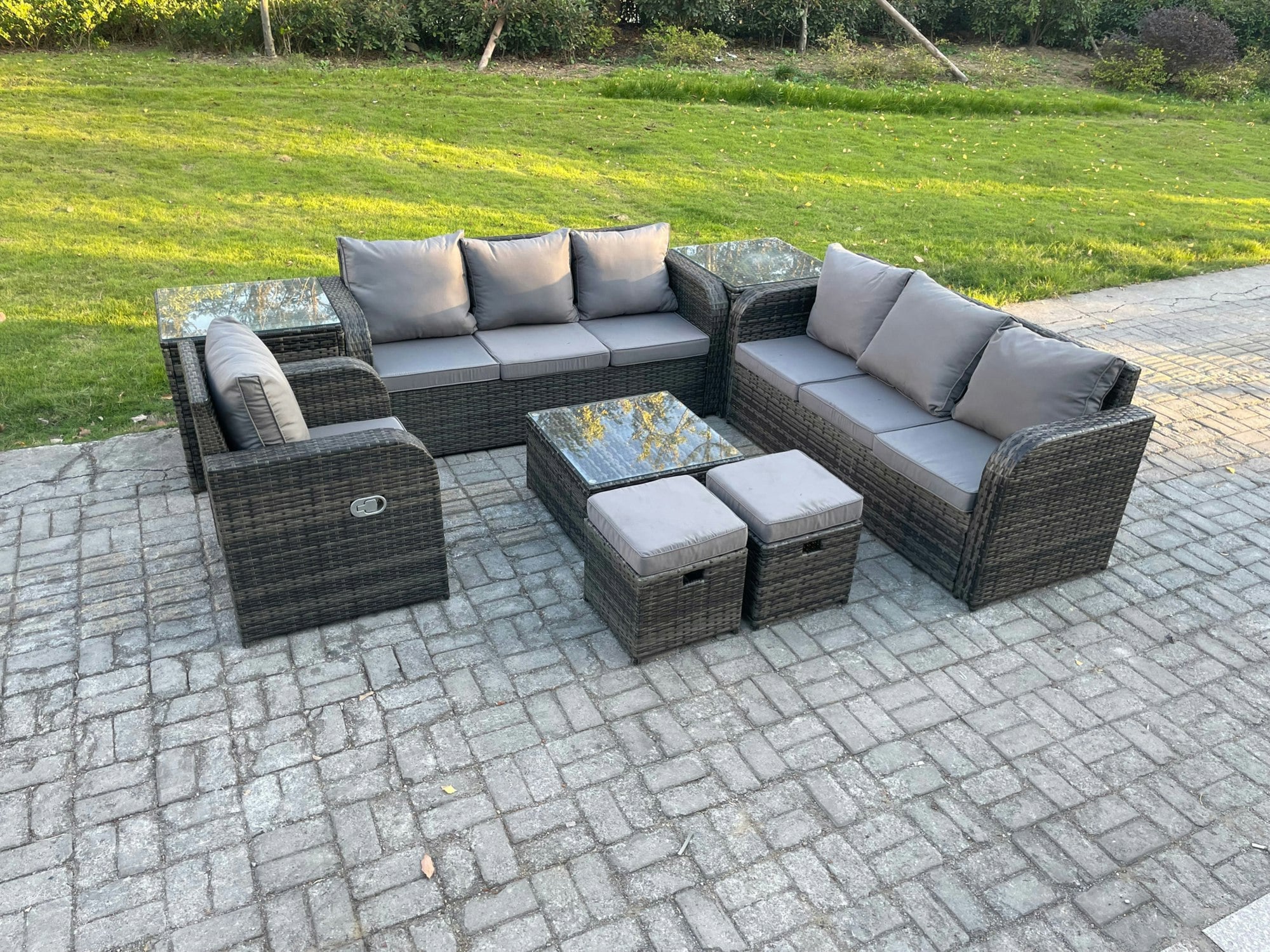 Rackhams Dark/Grey 9 Seater Mixed Rattan Outdoor Sofa Set - Conservatory Patio, Coffee Table, Reclining Chair, 2 Small Footstools & 2 Side Tables