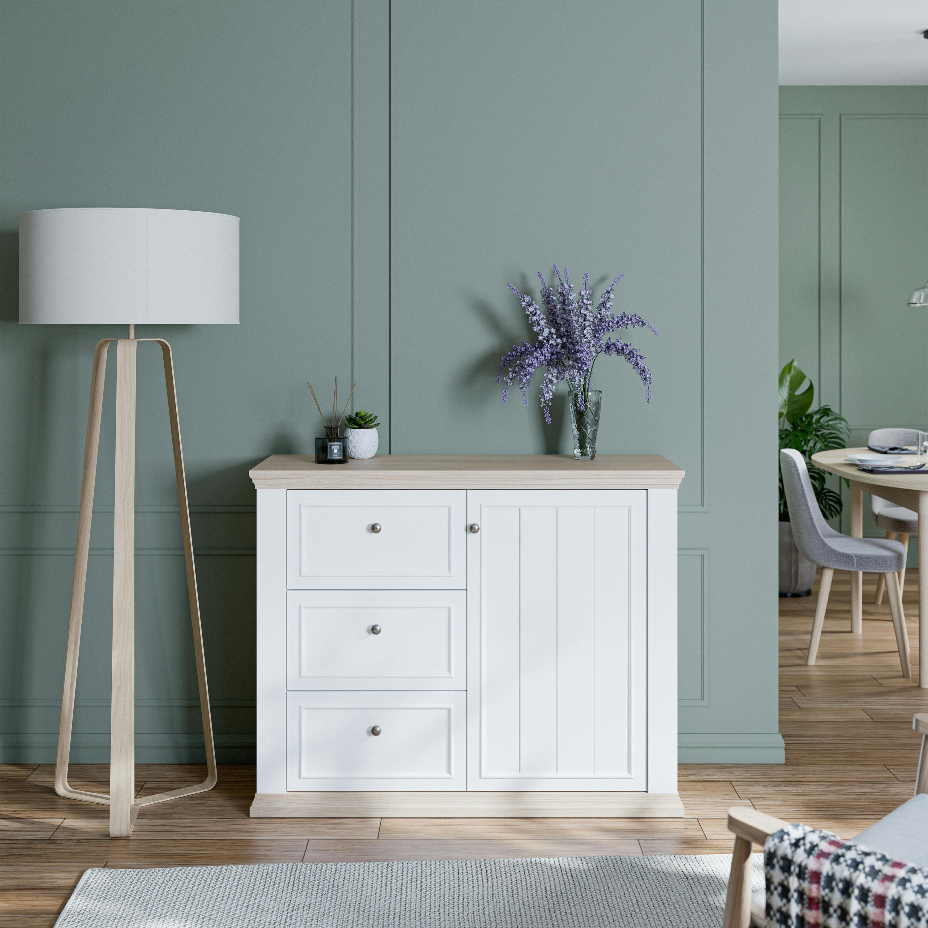 Furniture To Go White Pontypool 3 Drawer & 1 Door Sideboard In And Riva Oak - W 119.5 X H 95.3 X D 43.5Cm - &Oak - 1