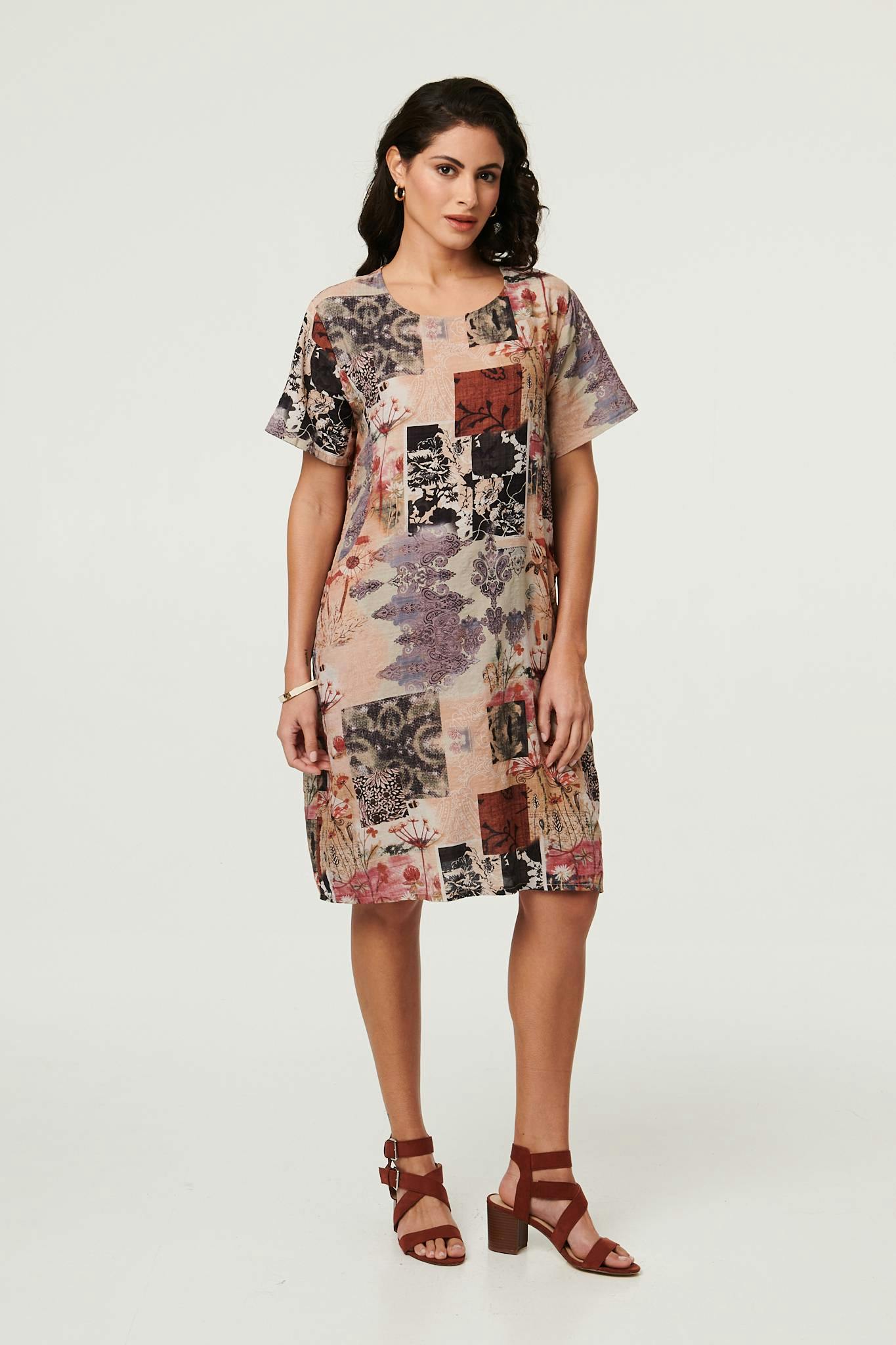 Izabel London Beige Patchwork Print Short Shift Dress - M