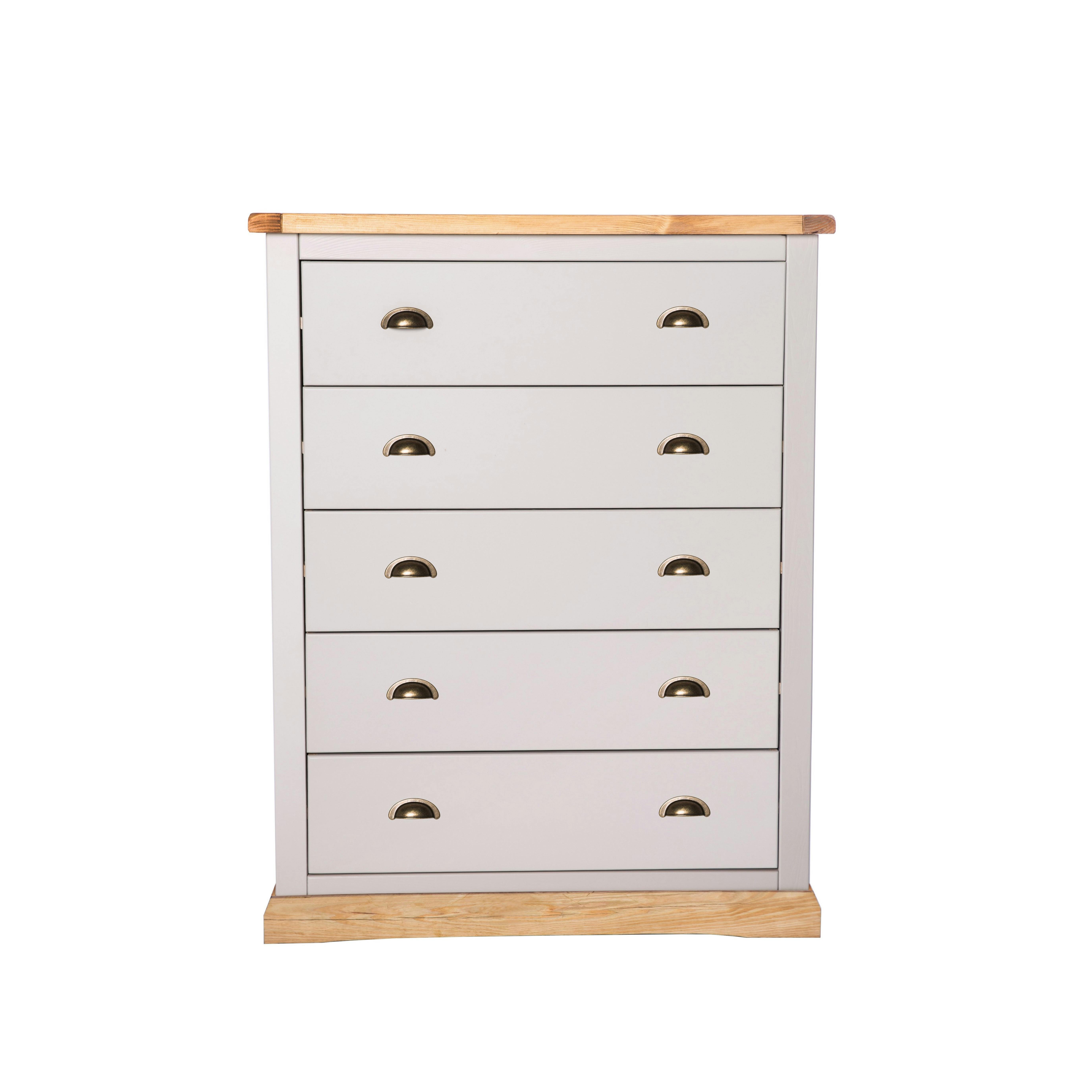 Rackhams Light/Grey Bomporto 5 Drawer Chest Of Drawers Brass Cup Handle