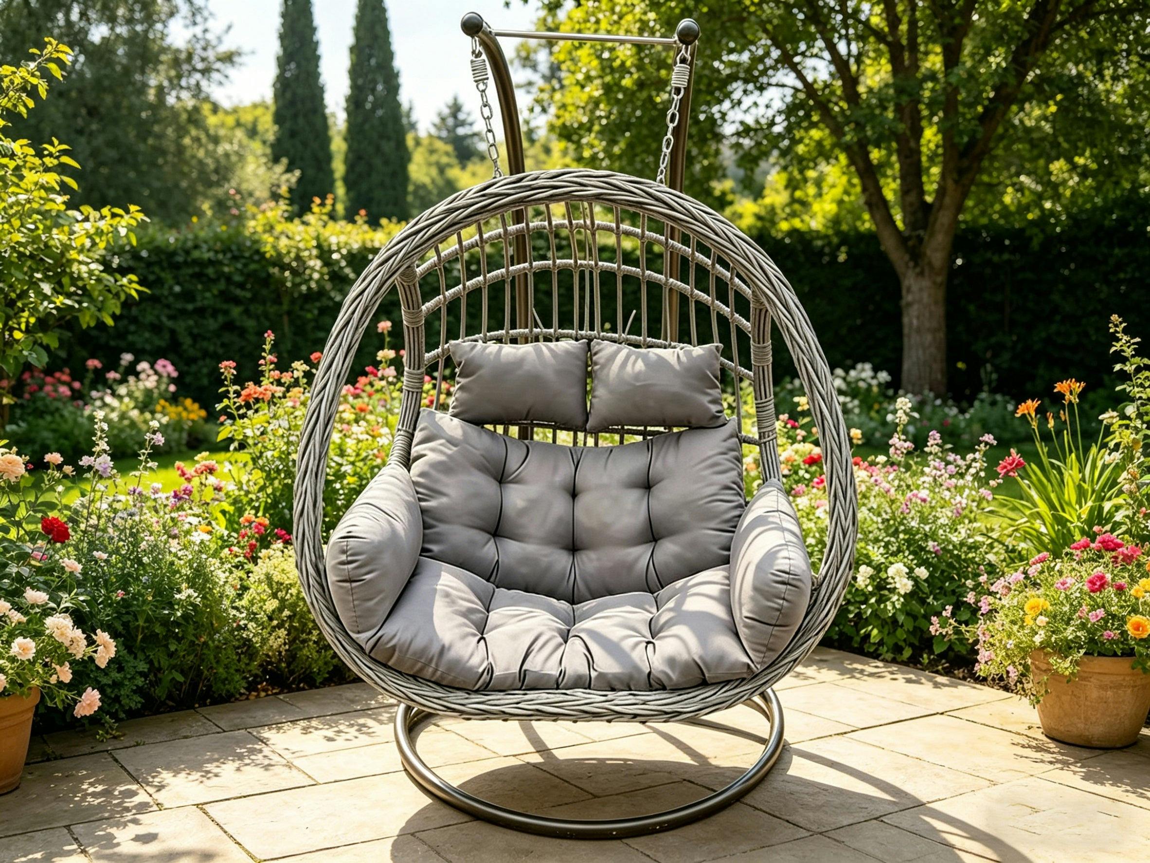 Rackhams Grey Rattan Hammock Garden Two Seater Hanging Egg Chair Indoor Outdoor Patio Furniture With Cushion