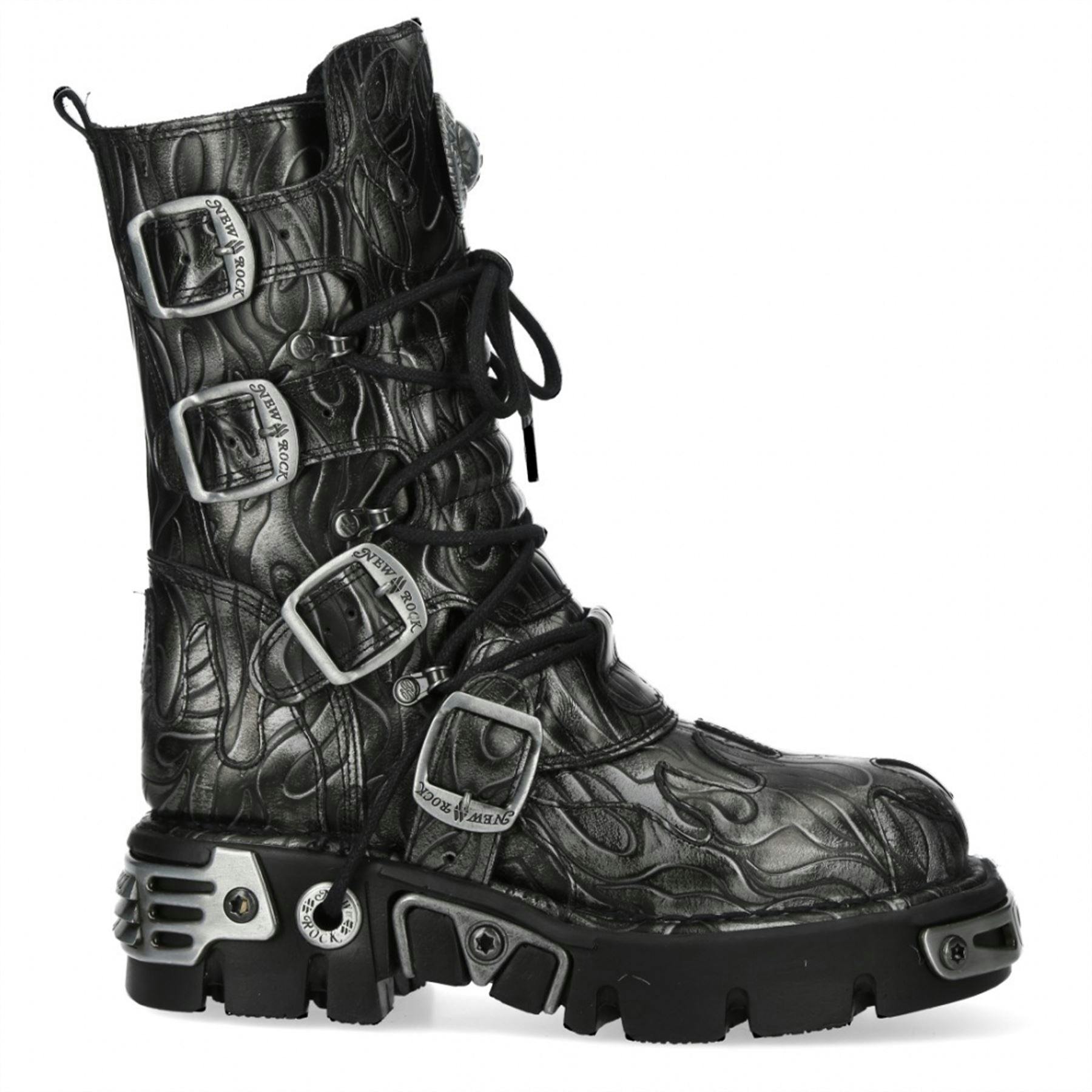 New Rock Unisex Black M-591-C63 Mid-Calf High Steel Leather Metallic Gothic Boots - Steel - Uk 9 | Eu 43 | Us 10.5