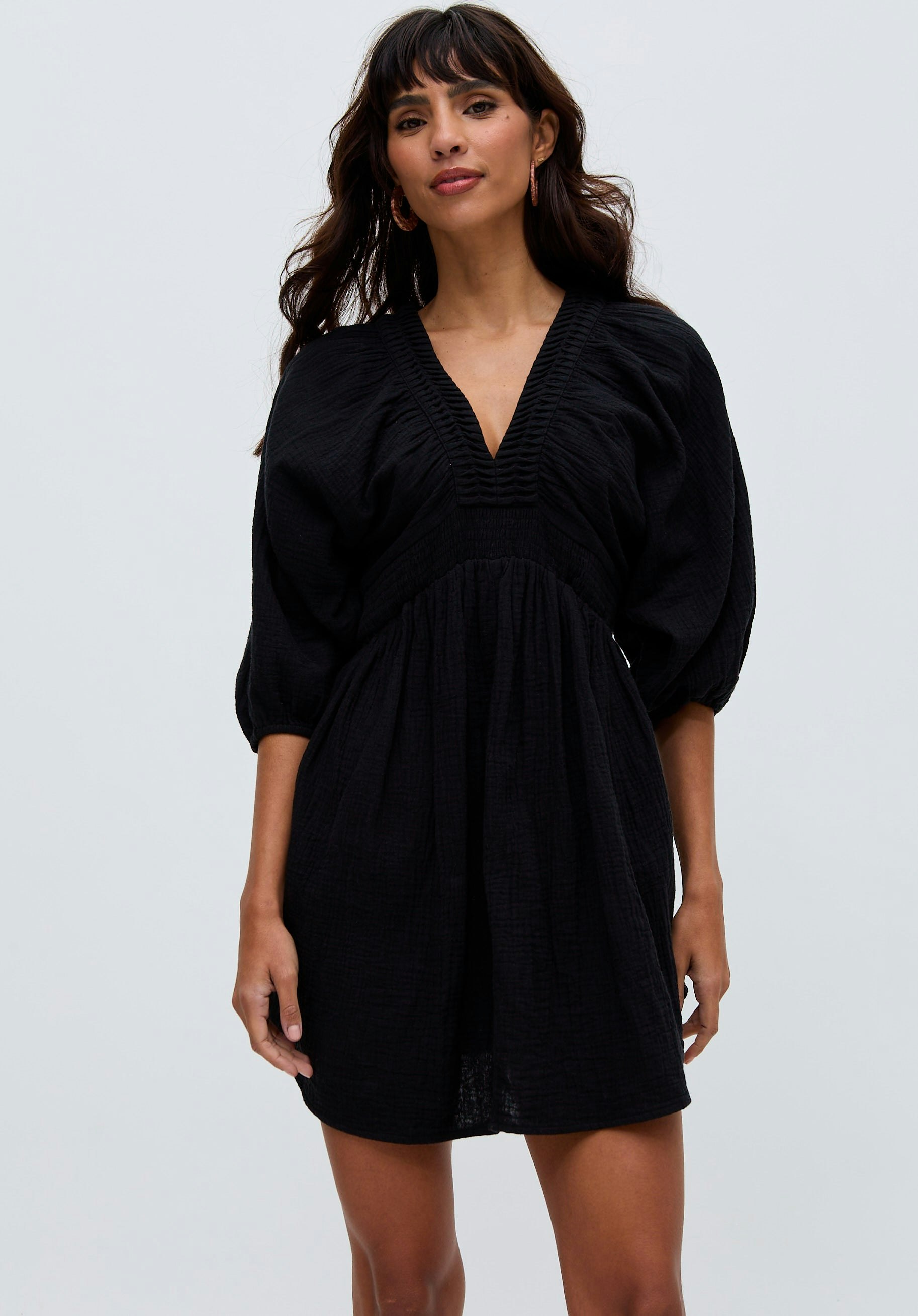 Raffya Black Soipoi Ruched V-Neck Mini Dress In - Size 14