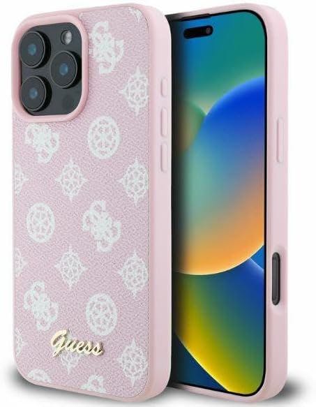 Guess Pink Leather Saffiano Peony Classic Logo Hardcase With Magsafe For Iphone 16 Pro Max 6.9" - Guhmp16xpgpysp