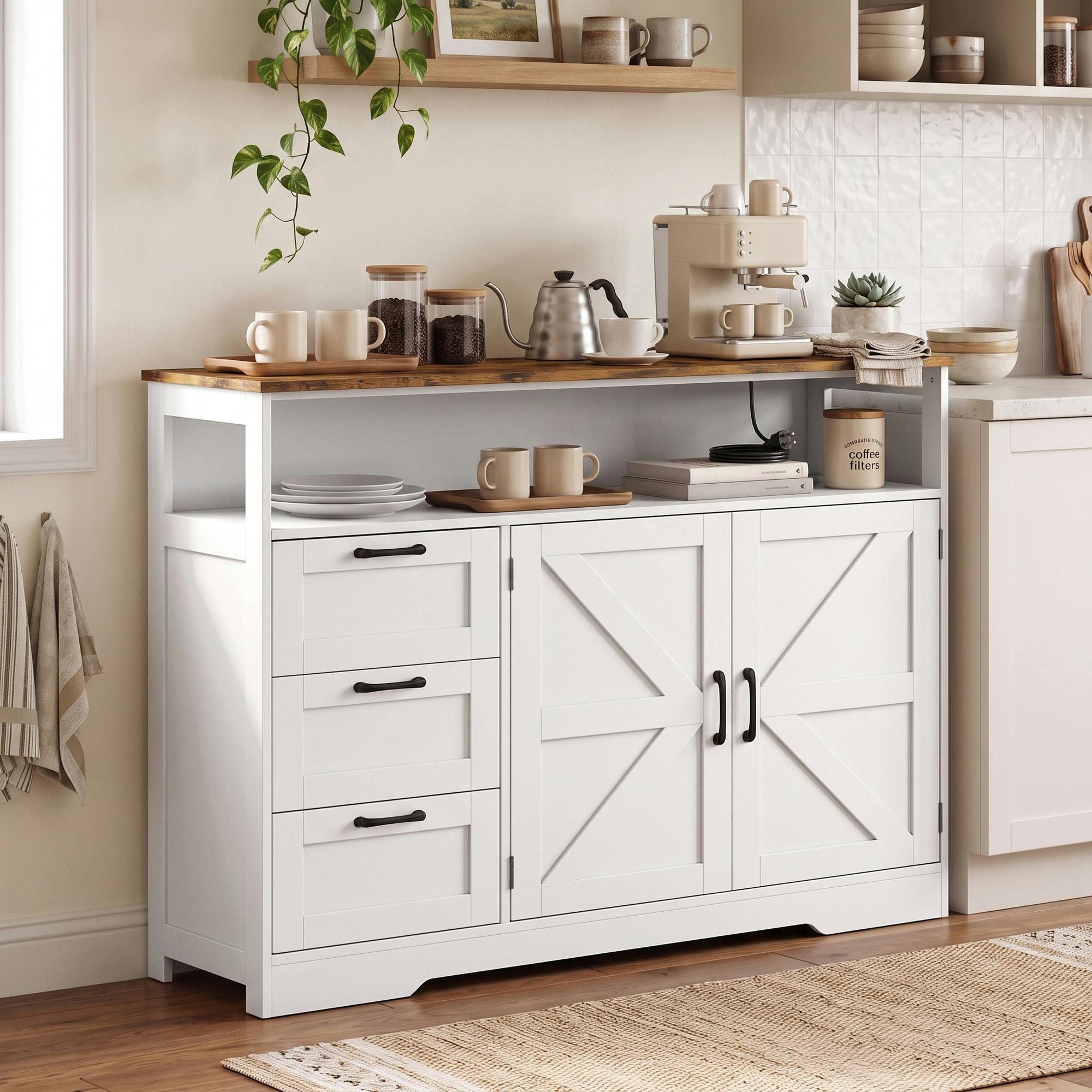 Homcom Sideboard Buffet Cabinet With Storage And Power Outlet, White - Image 3