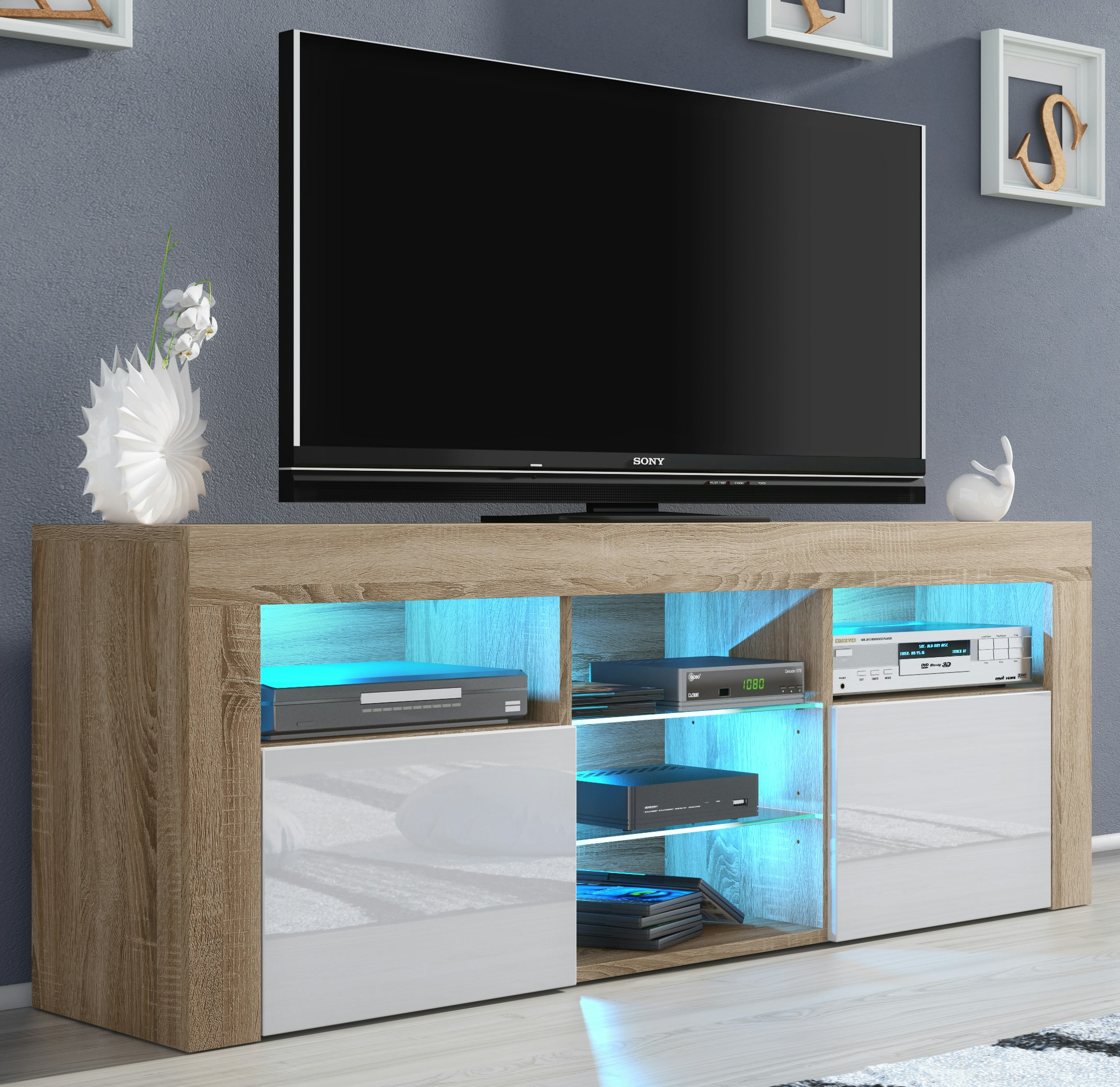 Rackhams White Stylish 145Cm Modern Tv Unit With Gloss Doors, Cabinet And Led - 145 Cm - 1 - Oak Matt Body & Gloss Doors