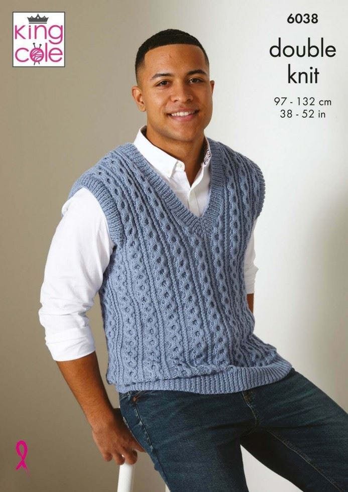 King Cole Men's Cottonsoft Dk Knitting Pattern 6038, Waistcoats, Slipovers For 38 - 52 Inches