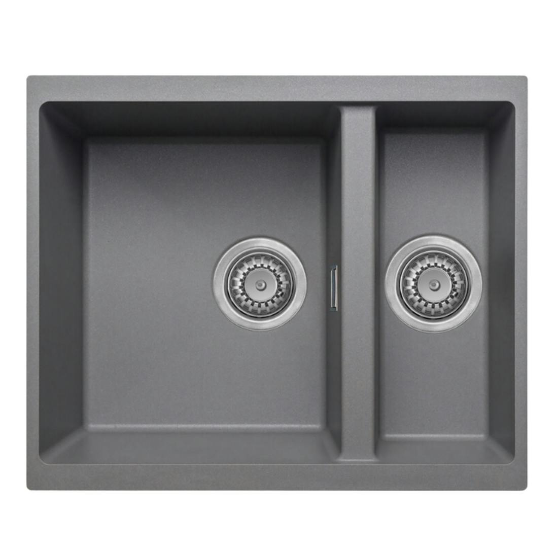 Austen & Co. Grey Florence Inset & Undermount 1.5 Bowl Reversible Granite Kitchen Sink With Strainer & Over Flow Kit