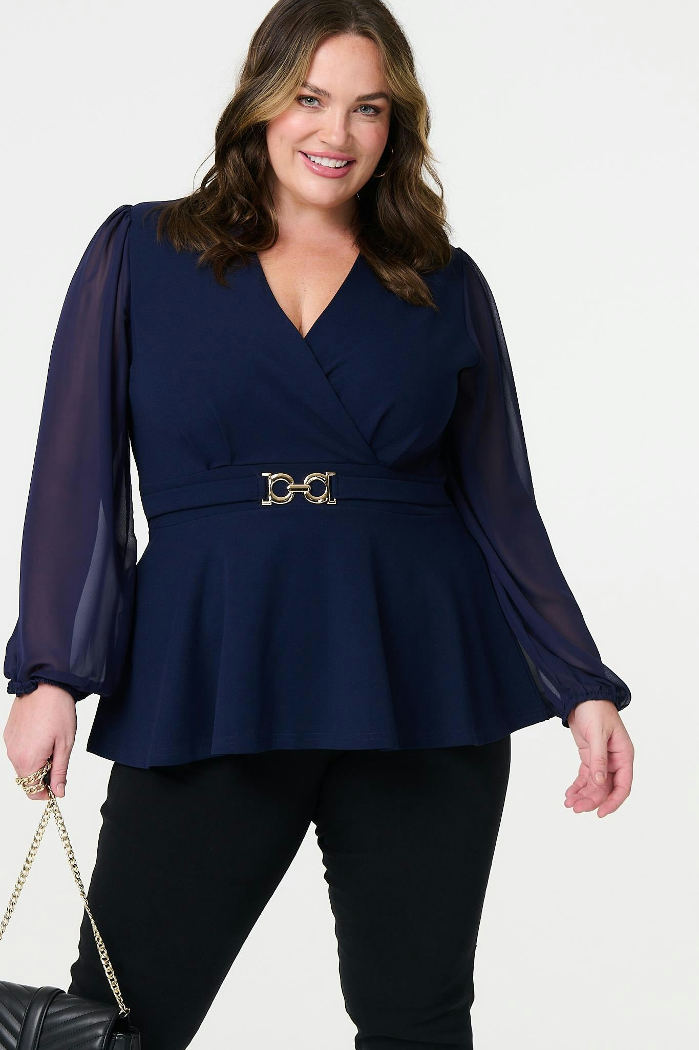 Izabel London Sheer Sleeve Wrap Front Blouse - Navy - 26
