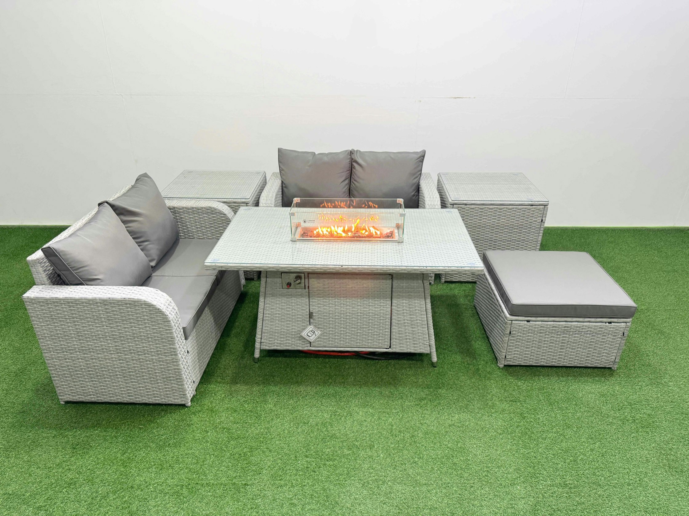 Fimous Light/Grey 5 Seater Outdoor Love Sofa Set Rattan Garden Furniture Set With Fire Pit Dining Table Big Footstool 2 Side Tables