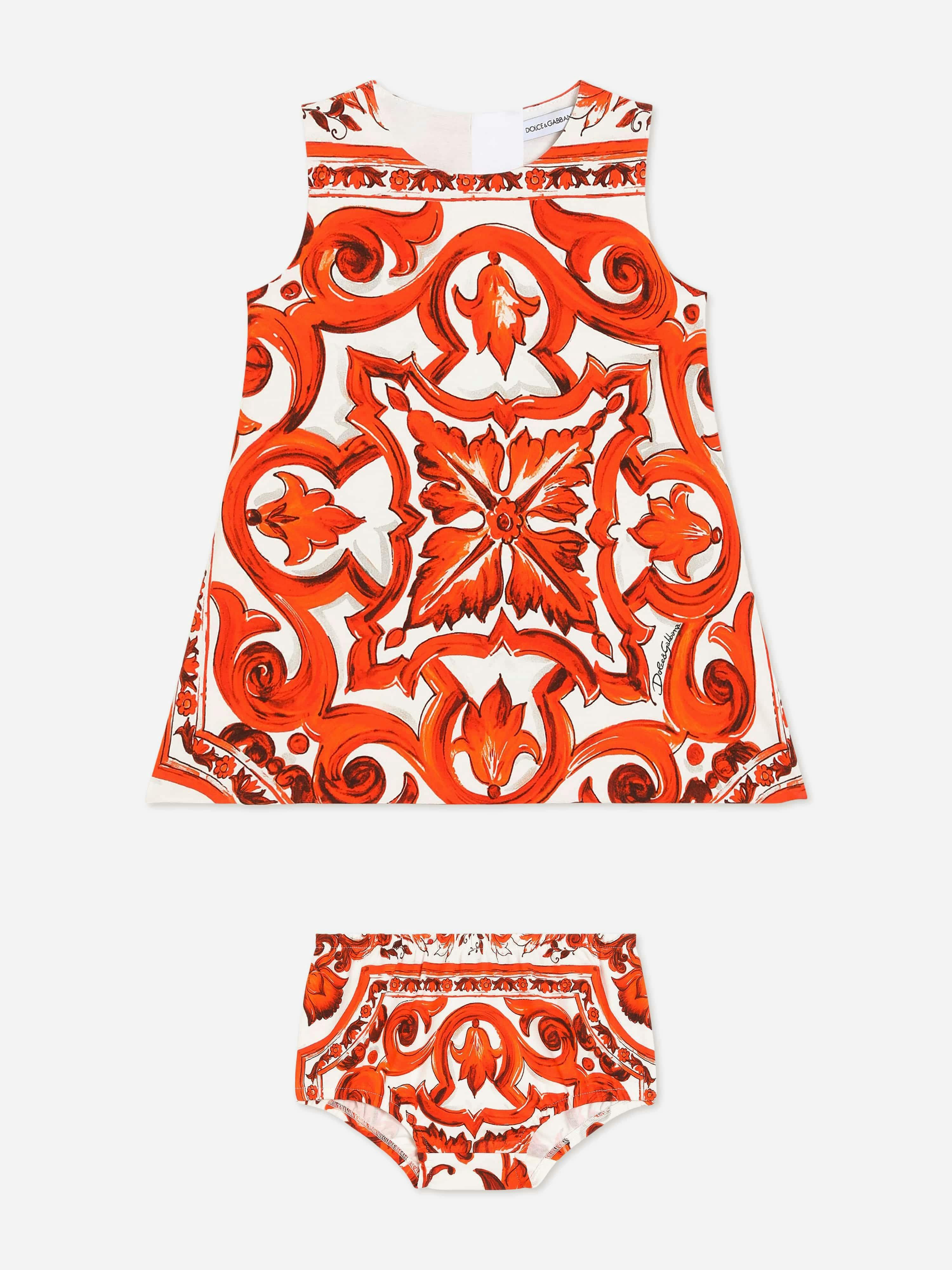 Dolce & Gabbana Kids Girls Orange Dolce & Gabbana Baby Majolica Print Dress With Knickers In - 24 - 30 Mths