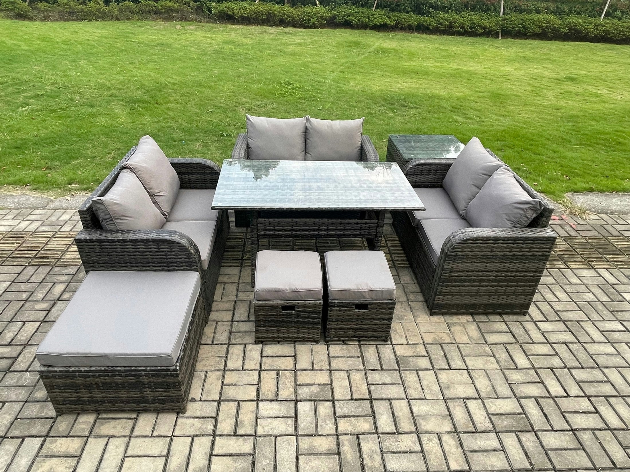 Rackhams Dark/Grey 9 Seater Outdoor Rattan Garden Furniture Set With Patio Rectangular Dining Table Love Sofa Side Table 3 Footstools Mixed