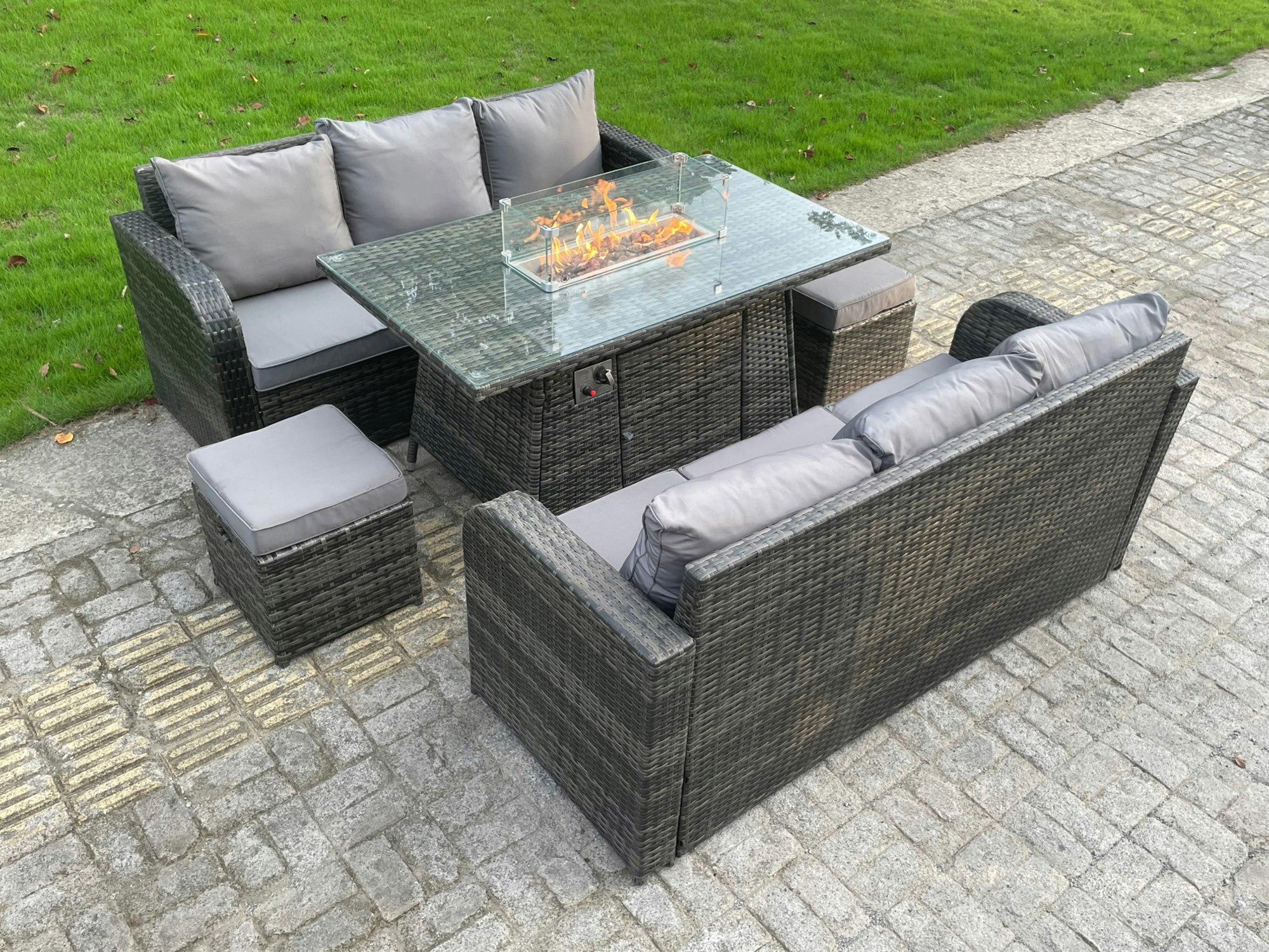 Fimous Dark/Grey Rattan Outdoor Furniture Gas Fire Pit Rectangle Dining Table Gas Heater 3 Seater Lounge Sofa Small Footstools Sets 8 Seater