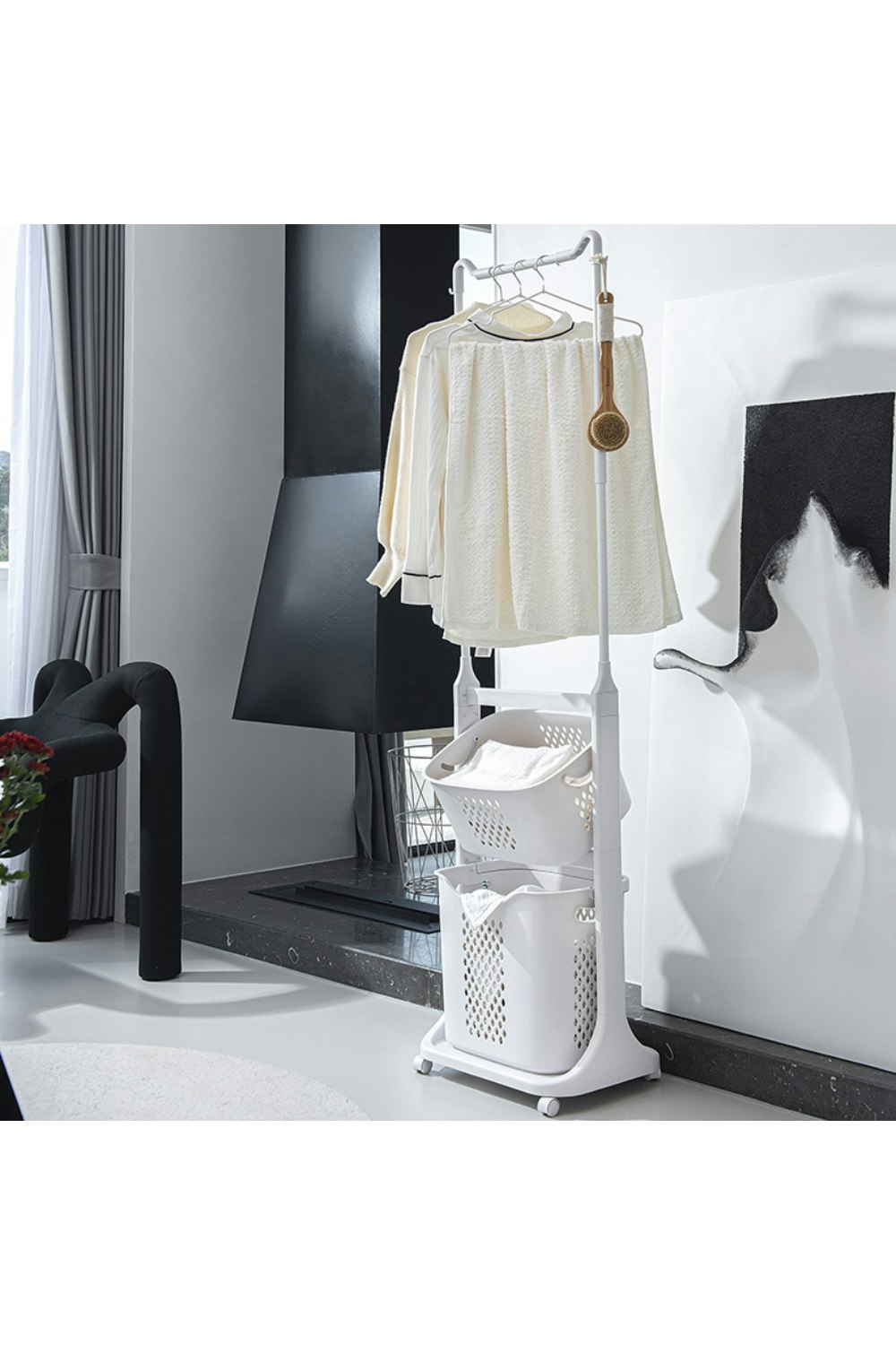 Rackhams Grey 2-Tier Plastic Rolling Laundry Baskets With Hanging Rack