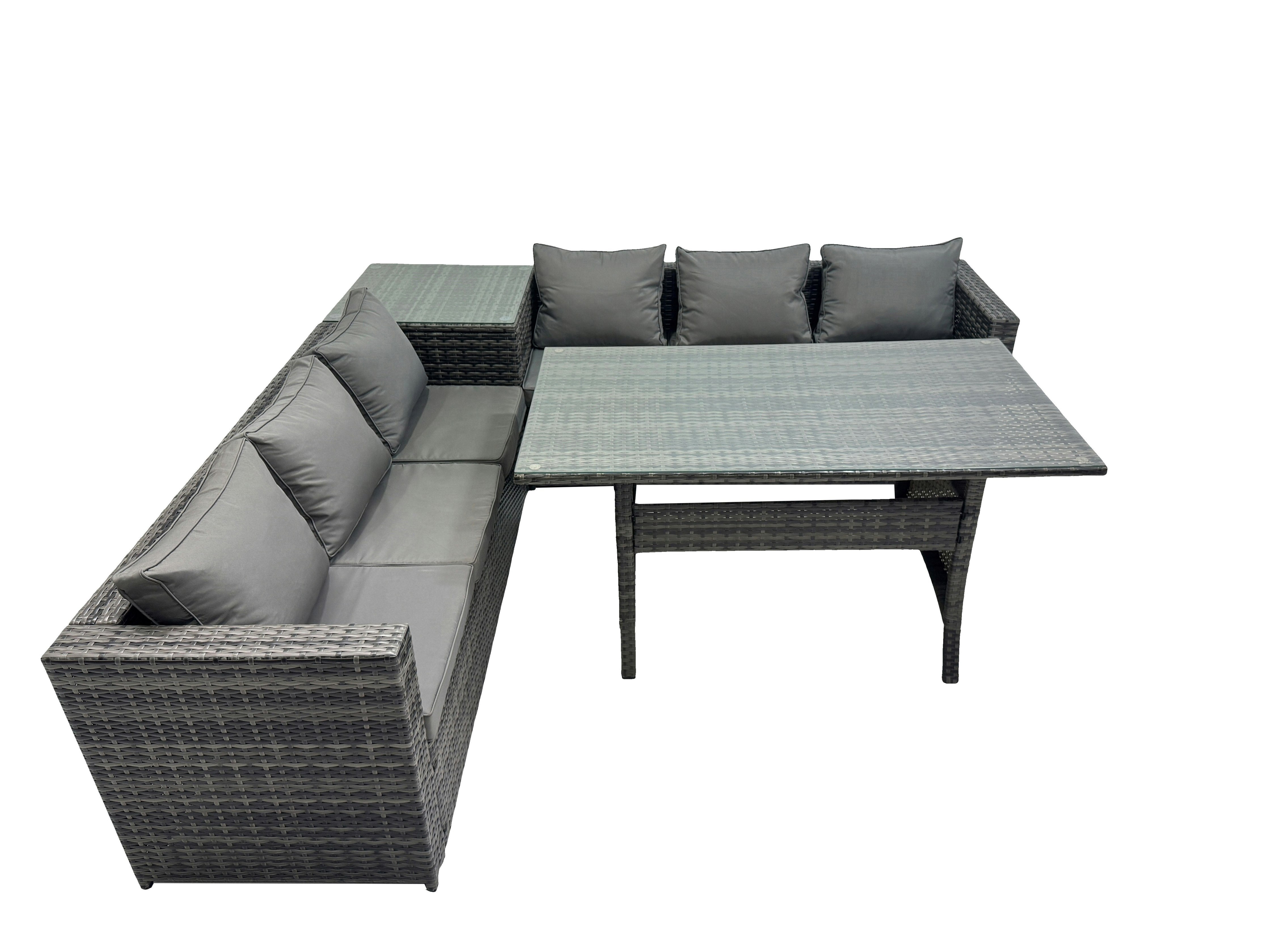 Rackhams Dark/Grey 6 Seater Outdoor Corner Sofa Dining Table Set Garden Rattan Furniture Set With Side Table