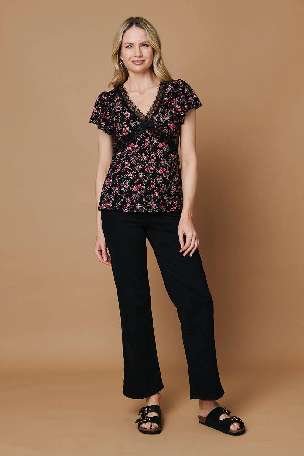 Izabel London Black Ditsy Floral Cap Sleeve Lace Trim Top - 16