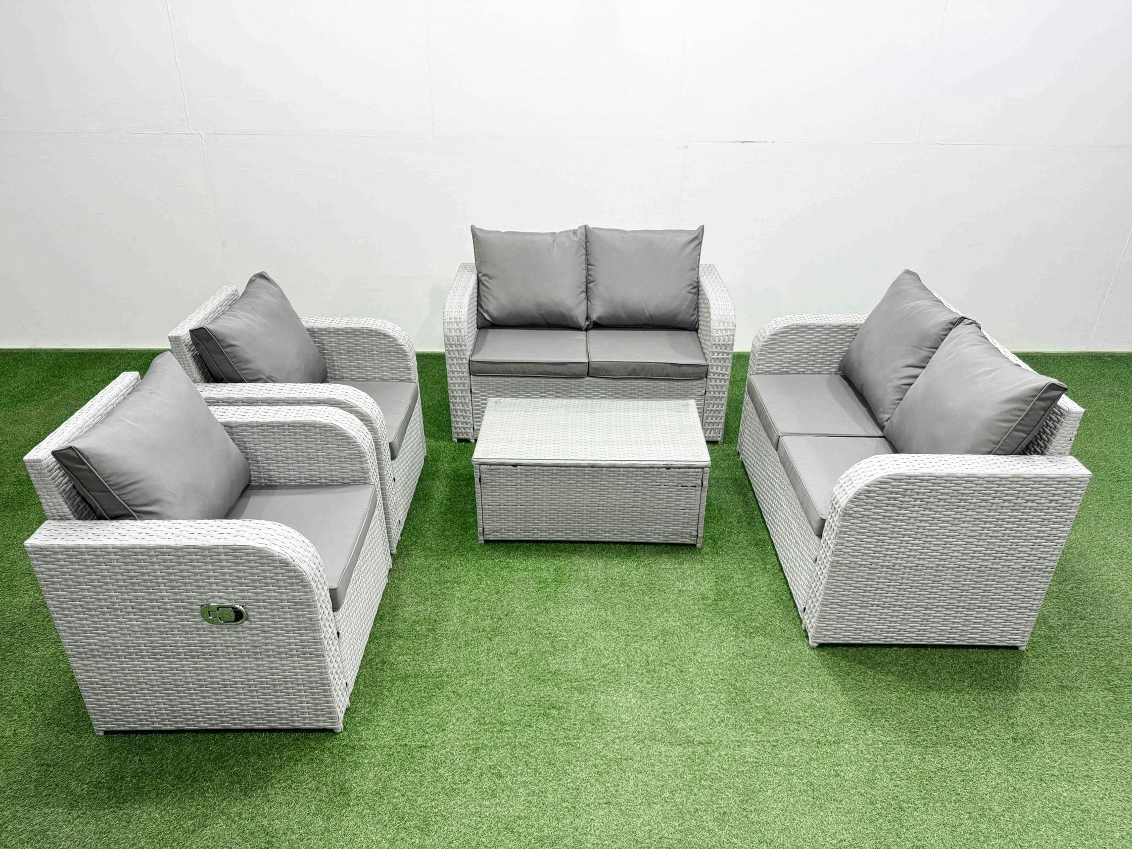 Rackhams Light/Grey 6 Seater Outdoor Reclining Chair Love Sofa Set Rattan Garden Furniture Set With Rectangular Coffee Table