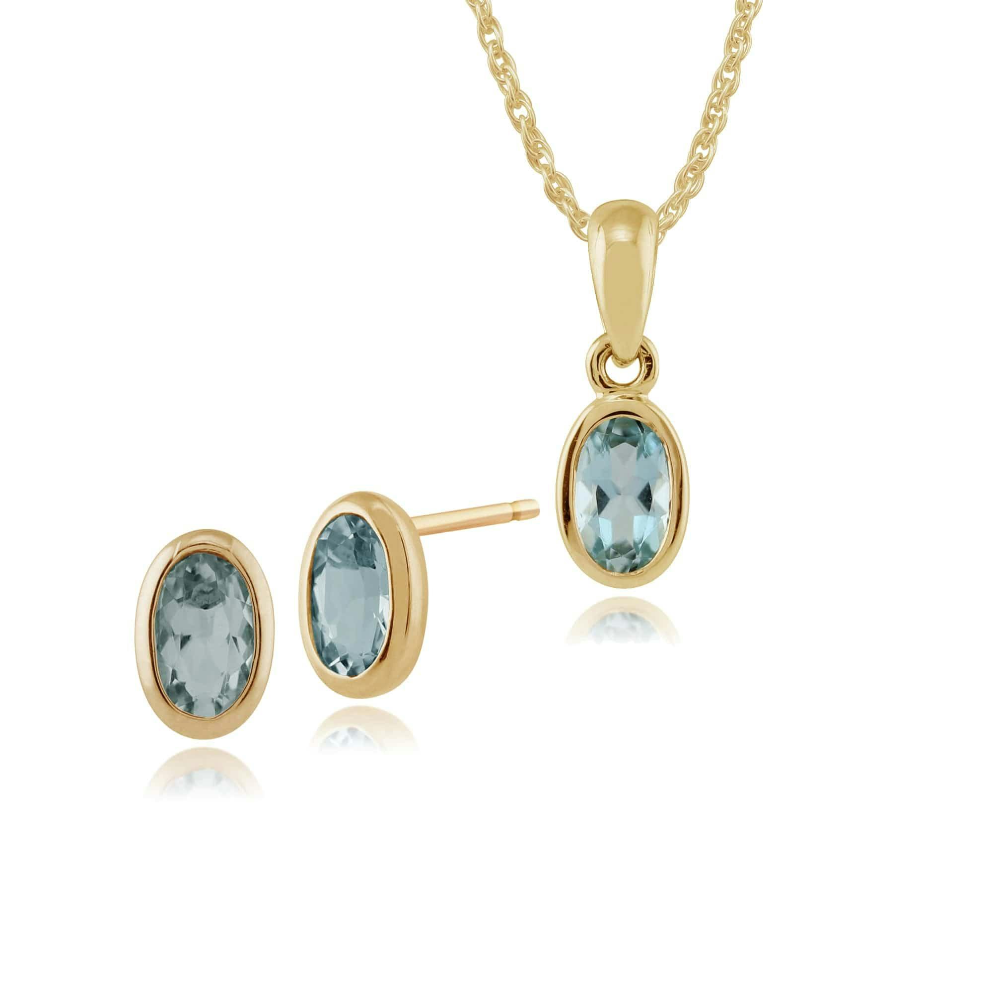 Gemondo Yellow/Gold Classic Oval Aquamarine Bezel Stud Earrings & Pendant Set In 9Ct