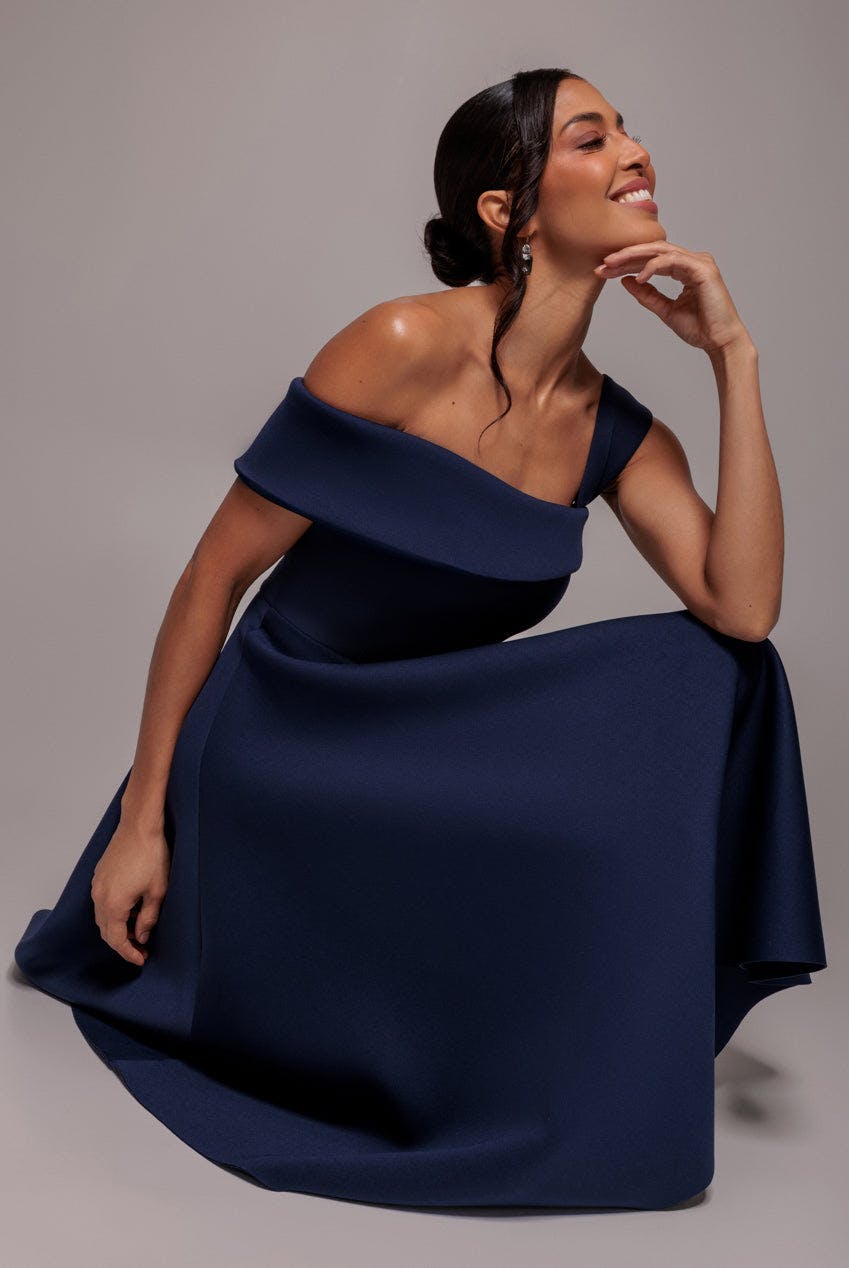 Goddiva Blue One Shoulder A Line Midi Dress - Navy By - Navy - 16