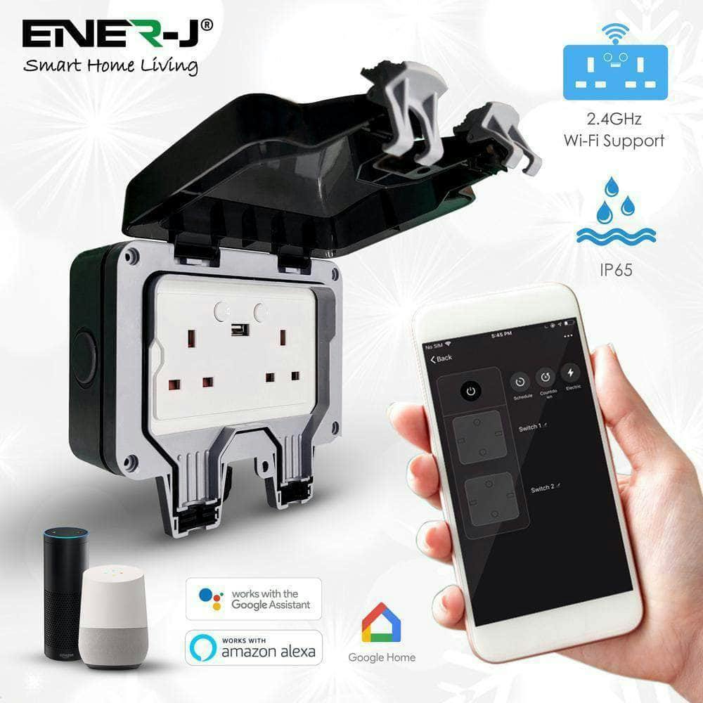 Ener-J Smart 13A Wifi Waterproof Outdoor Double Socket With Usb - Ip55 Rated