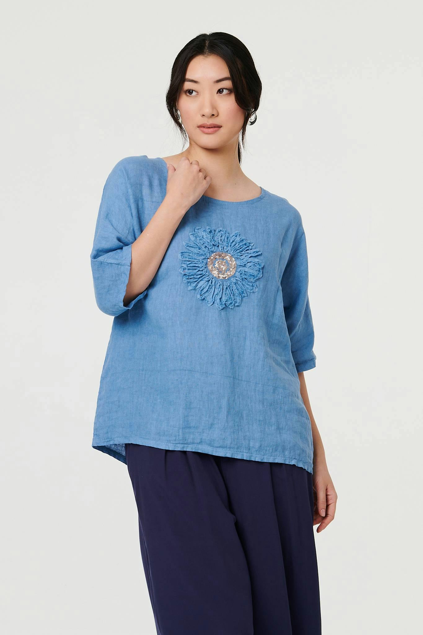 Izabel London Light/Blue Sequin Textured Detail Relaxed Top - 12