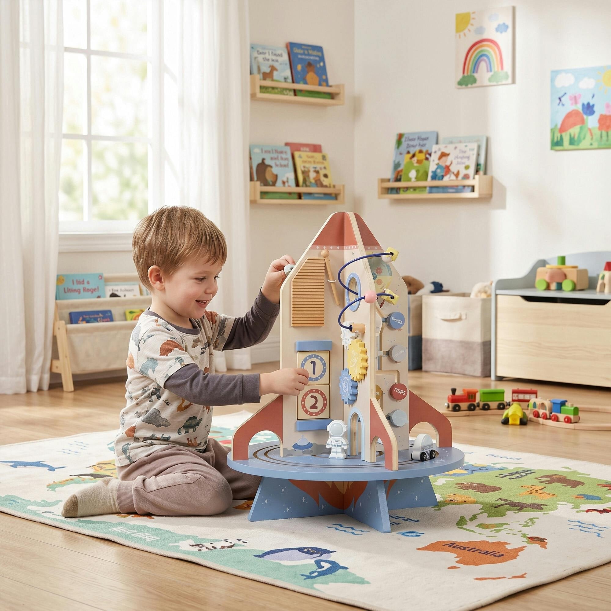Aiyaplay Wooden Activity Cube, Rocket Theme Sensory Toys For Fine Motor