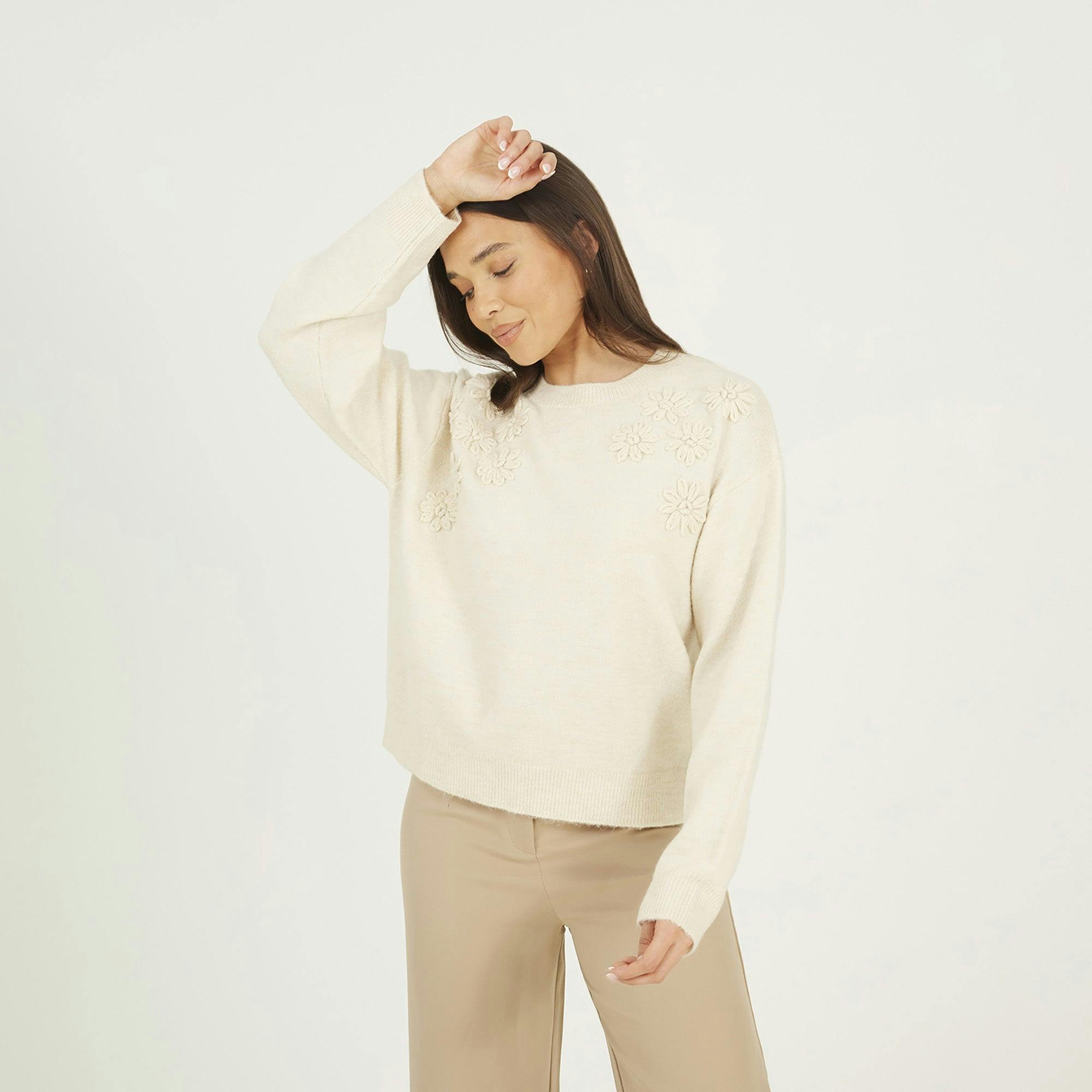 Brave Soul Floral Embroidery Jumper - Stone - Stone - Xs
