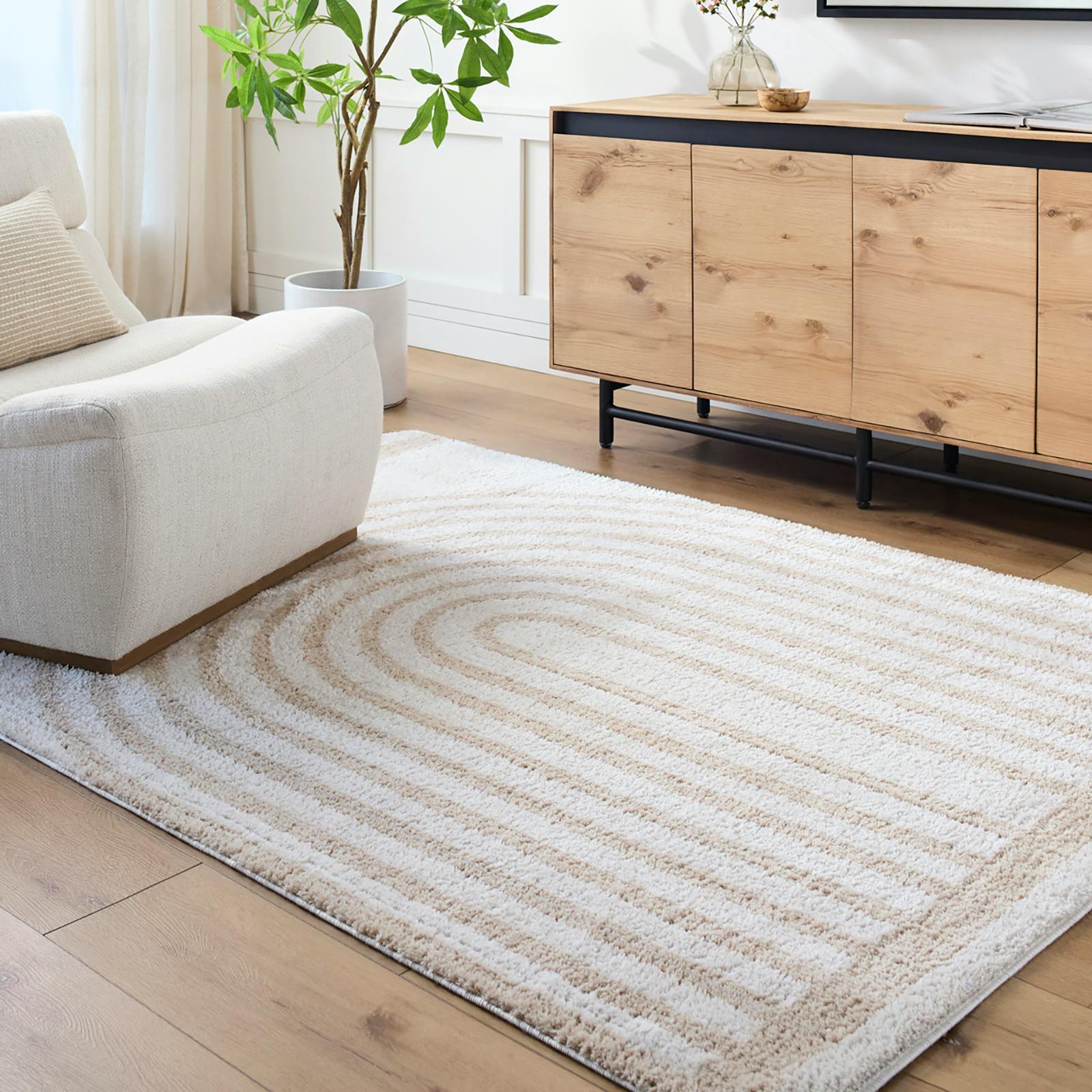 Rackhams Beige Fossay Shag-Washable Modern High Pile Rug - 120 X 170 Cm