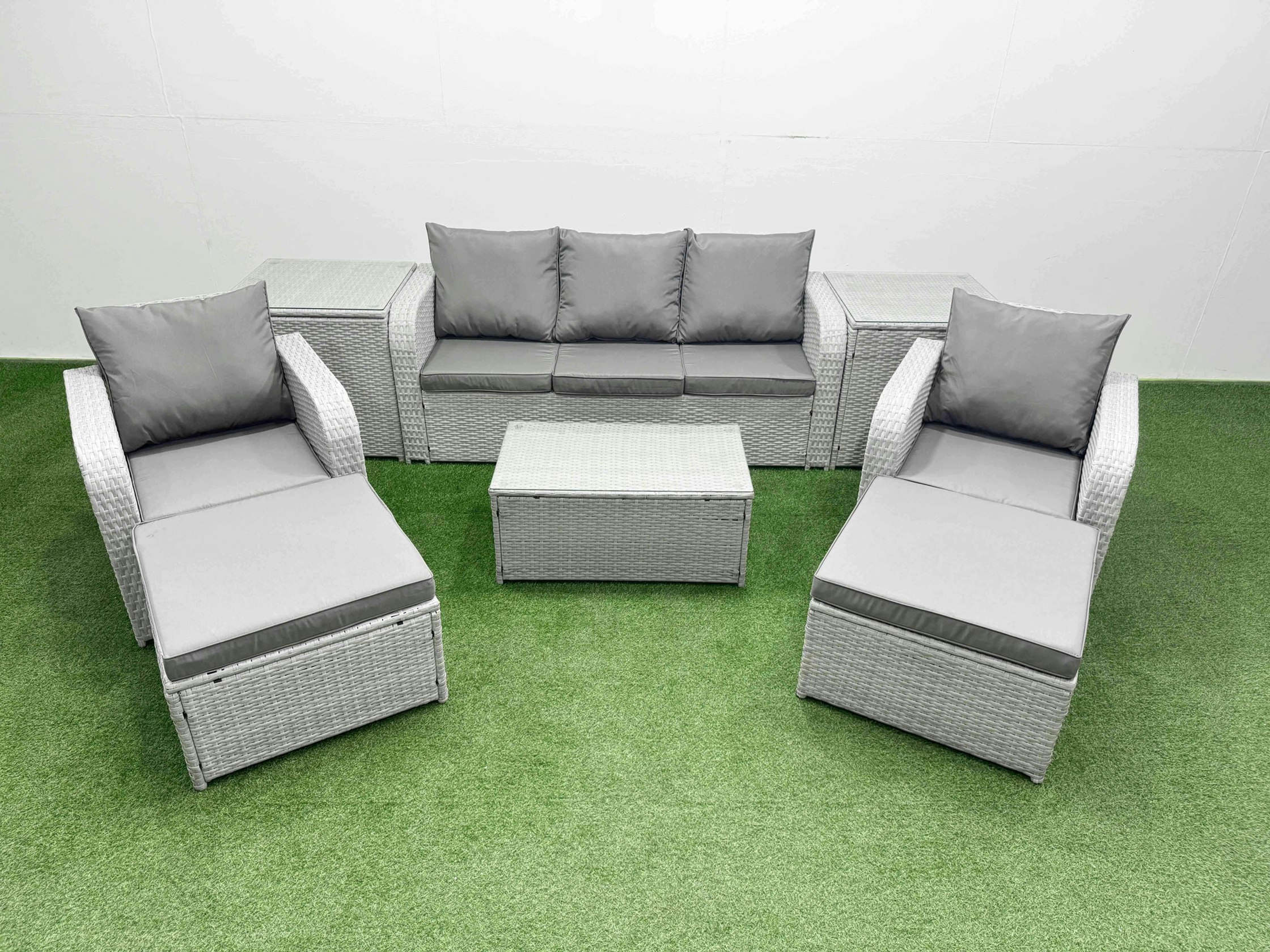 Rackhams Light/Grey Pe Rattan Garden Furniture Set Reclining Chair Sofa Lounge Sofa Set Oblong Coffee Table 2 Side Table 2 Big Footstool