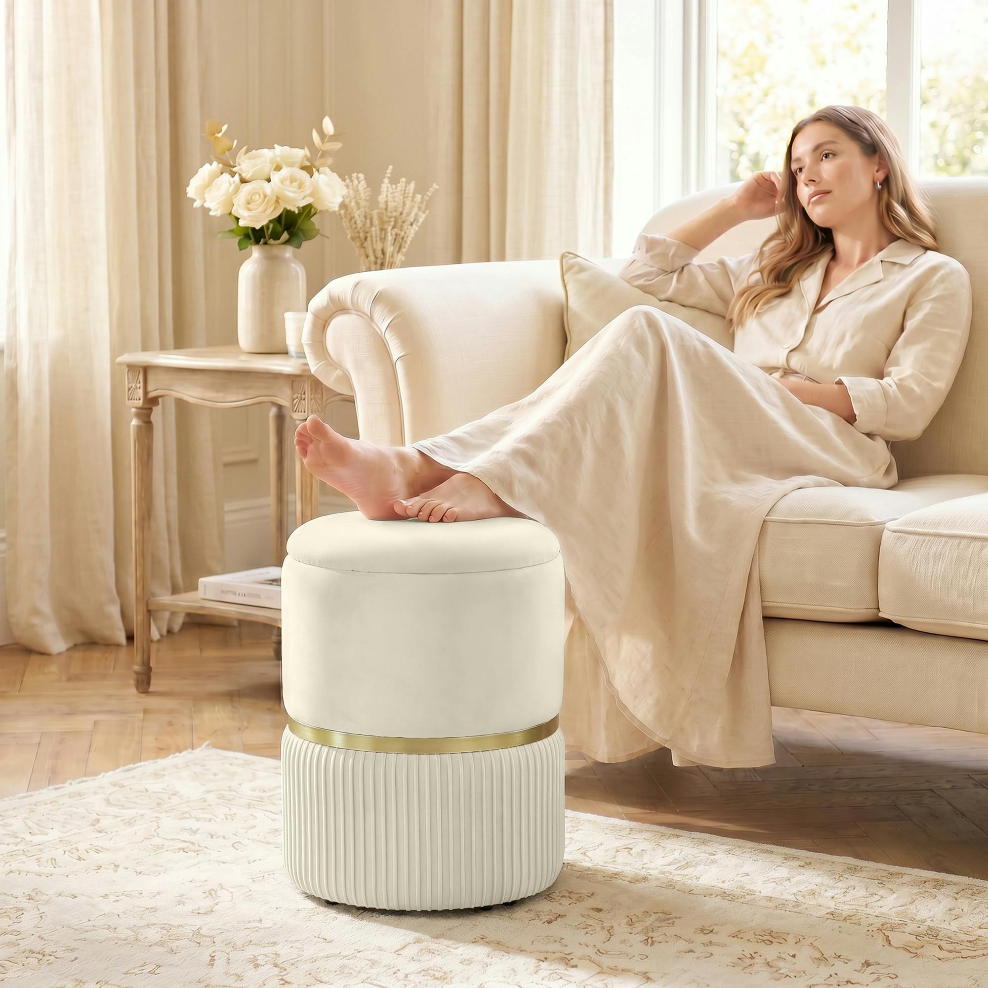 Rackhams Beige Round Pouffe Storage Footstool With Hidden Space,