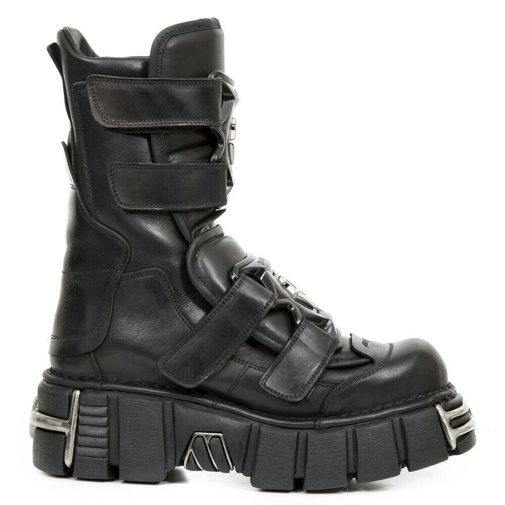 New Rock Unisex Black Punk Mid Calf Leather Boots-M-422-S1 - Uk 11 | Eu 45 | Us 12
