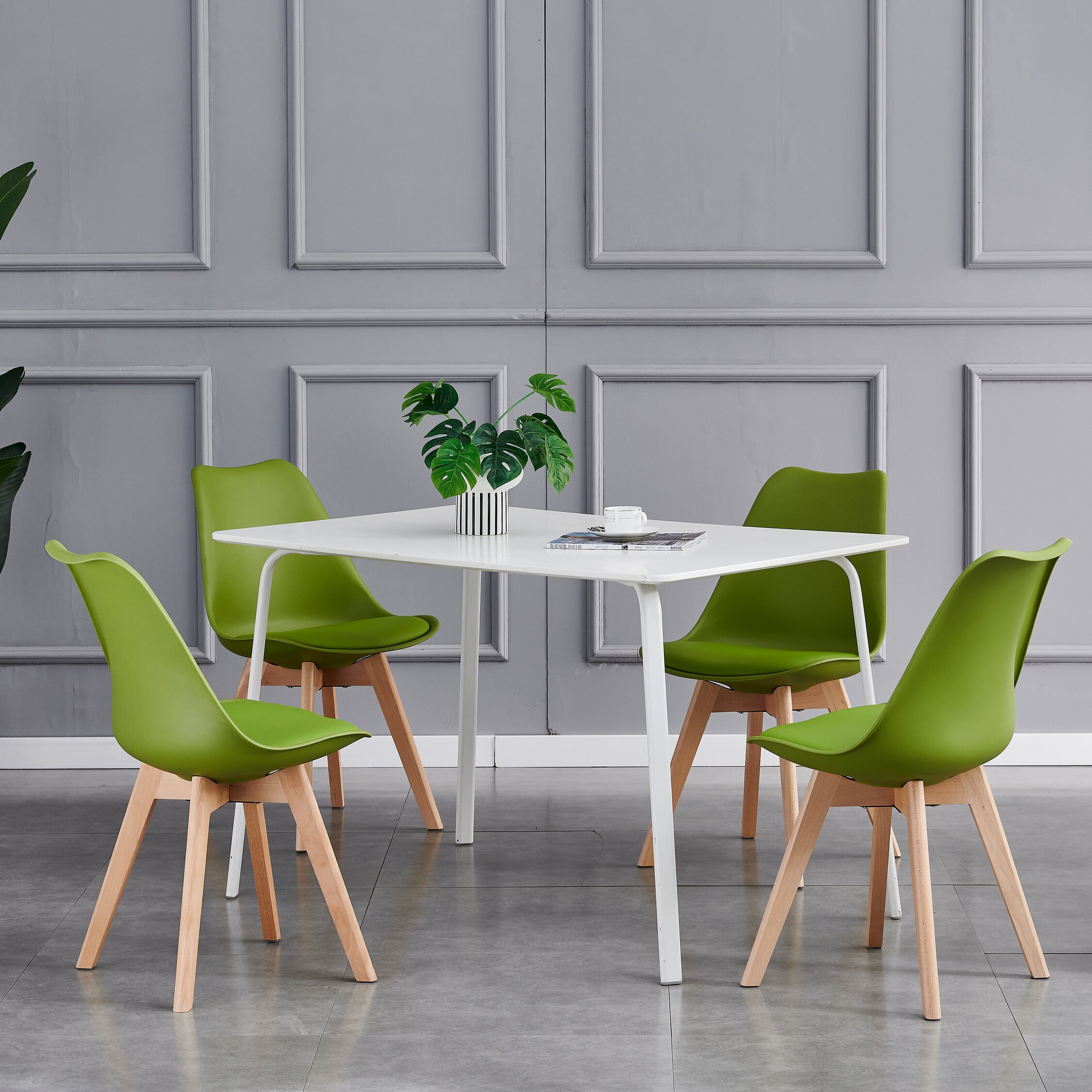 Rackhams Green Set Of 4 Dining Chairs With Solid Wooden Legs And Seat Cushion Pads Eva
