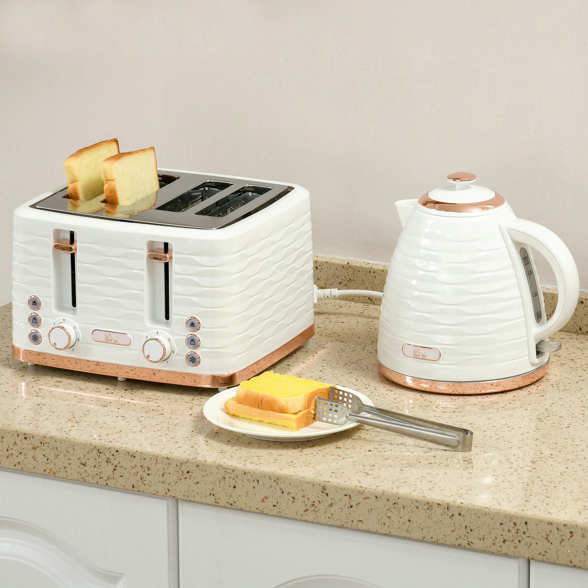 Homcom Cream Kettle And Toaster Set 1.7L Rapid Boil Kettle & 4 Slice Toaster