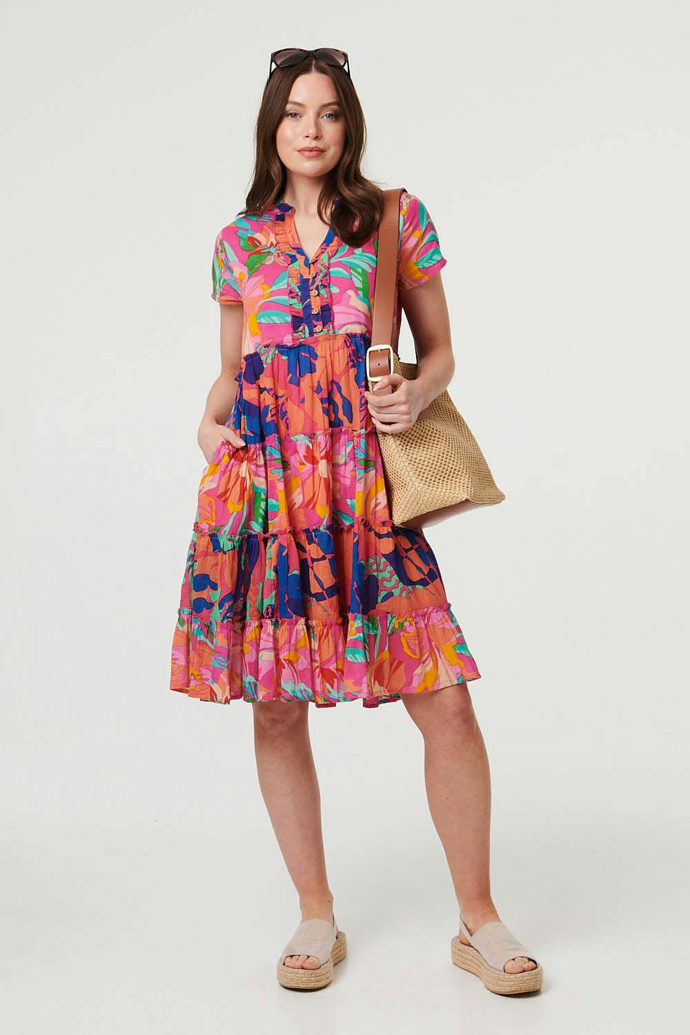 Izabel London Pink Floral Tiered Knee Length Dress - 12