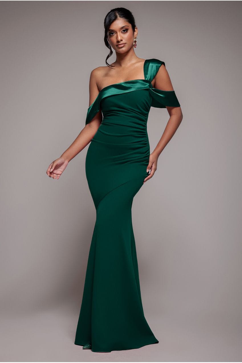 Goddiva Green One Shoulder Satin Band Maxi Dress - Emerald By - Emerald - 14