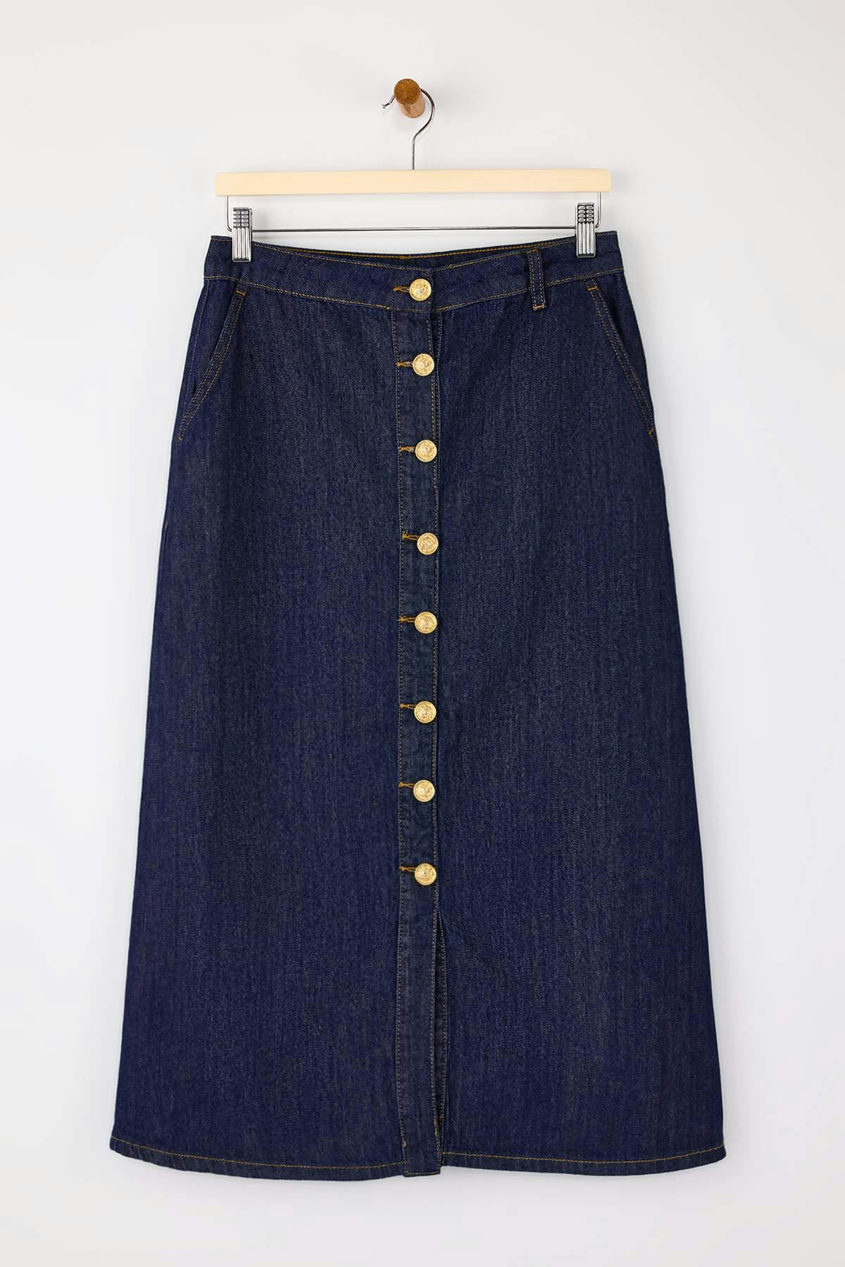 Wovcor Dark/Blue Button Detail Midi Denim Skirt - 8