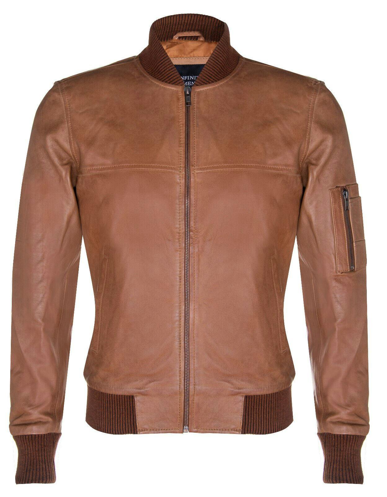 Infinity Leather Men's Brown Tan Leather Ma-1 Varsity Bomber Jacket - Uk Xl | Eu 52 | Us 42 - Tan