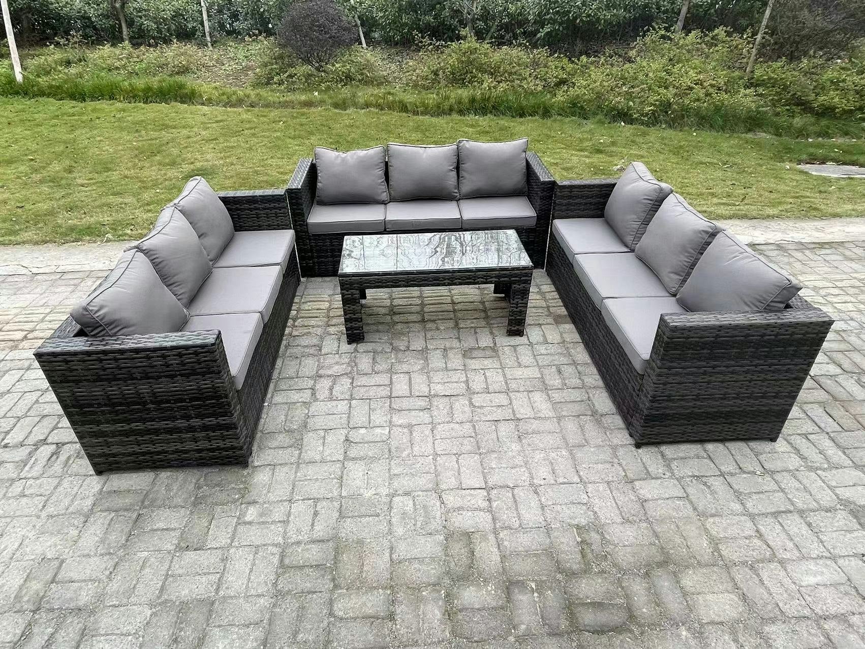 Rackhams Dark/Grey Outdoor 3 Pc Three Seater Ssofa Rattan Garden Furniture Lounge Sofa Set With Oblong Rectagular Coffee Table
