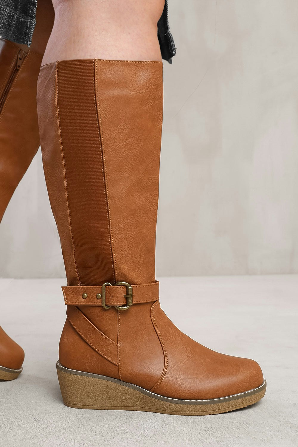 Where's That From Ayleen Wide Calf Wedge Heel Knee High Boots With Elastic Panel In Wide E Fit In Tan Faux Leather - Tan 7E