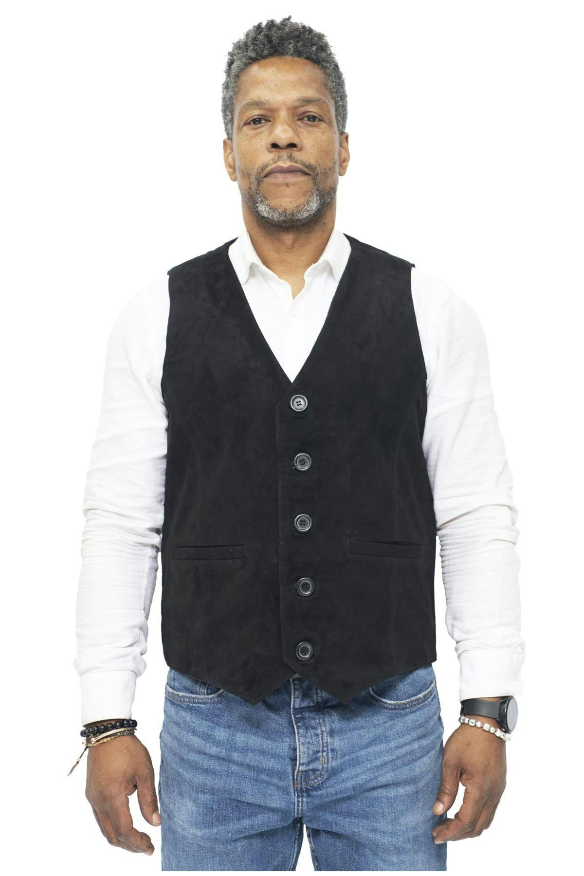 Infinity Leather Men's Black Classic Goat Suede Leather Waistcoat-Norwich - Uk Xs | Eu 44 | Us 34