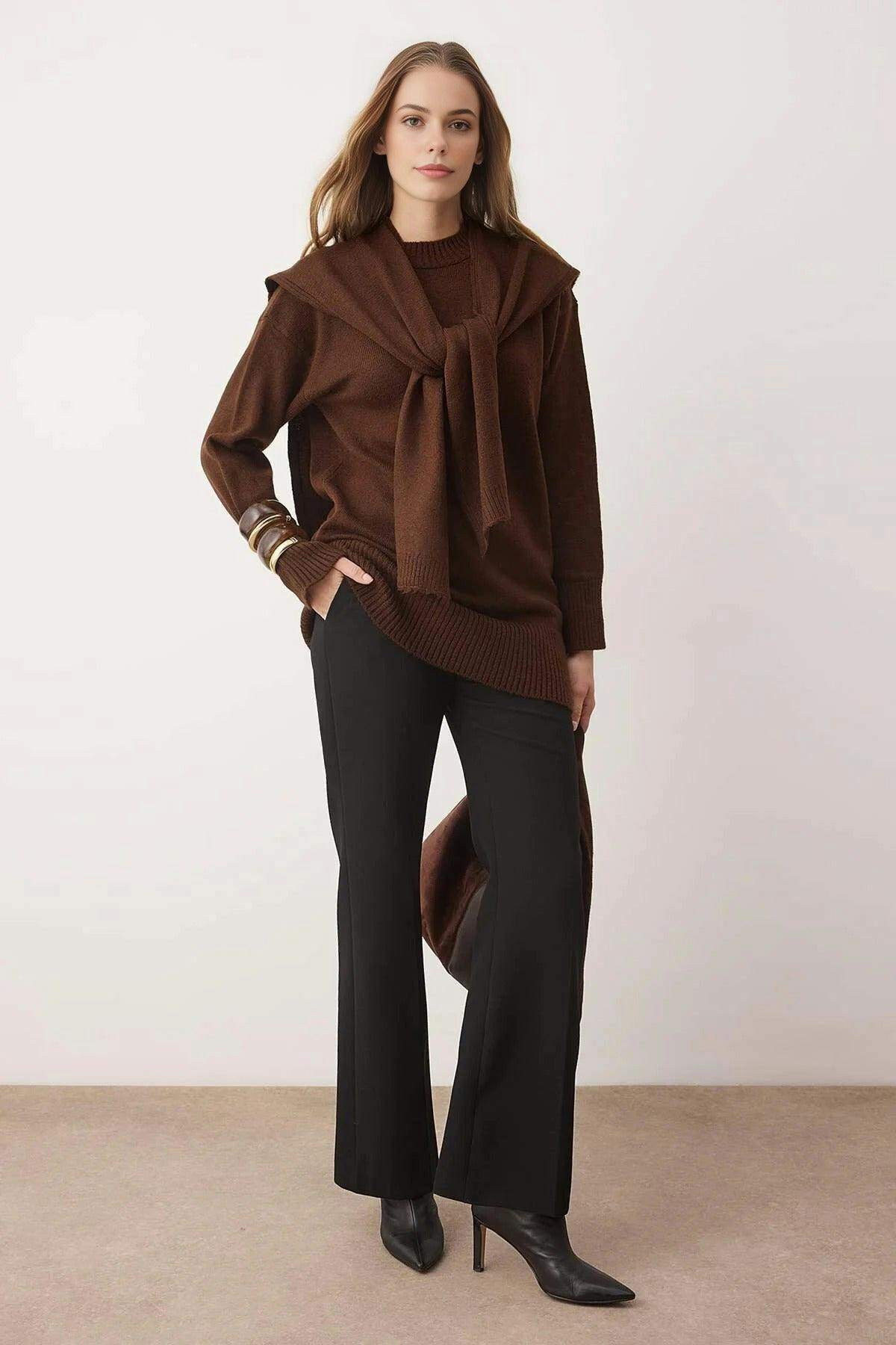 Wovcor Brown Shawl Collar Detail Knit Sweater - M