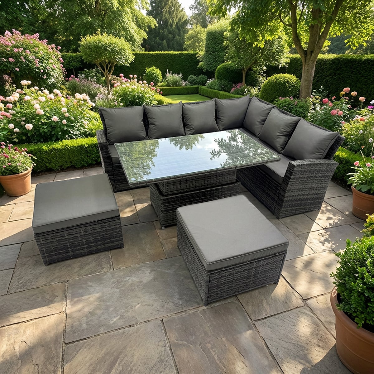 Rackhams Dark/Grey 8 Seater Rattan Corner Sofa Set With Adjustable Dining Table & 2 Footstools
