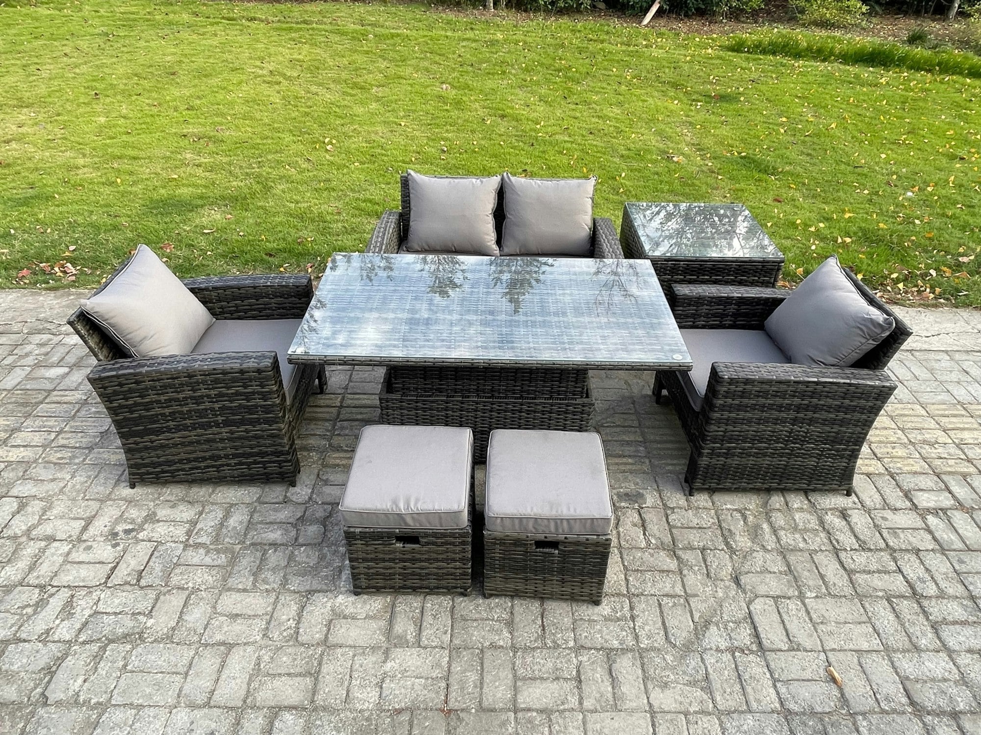 Rackhams Dark/Grey Outdoor Garden Dining Sets 6 Seater Rattan Patio Furniture Sofa Set With Rising Lifting Table Side Table 2 Small Footstools Mixed